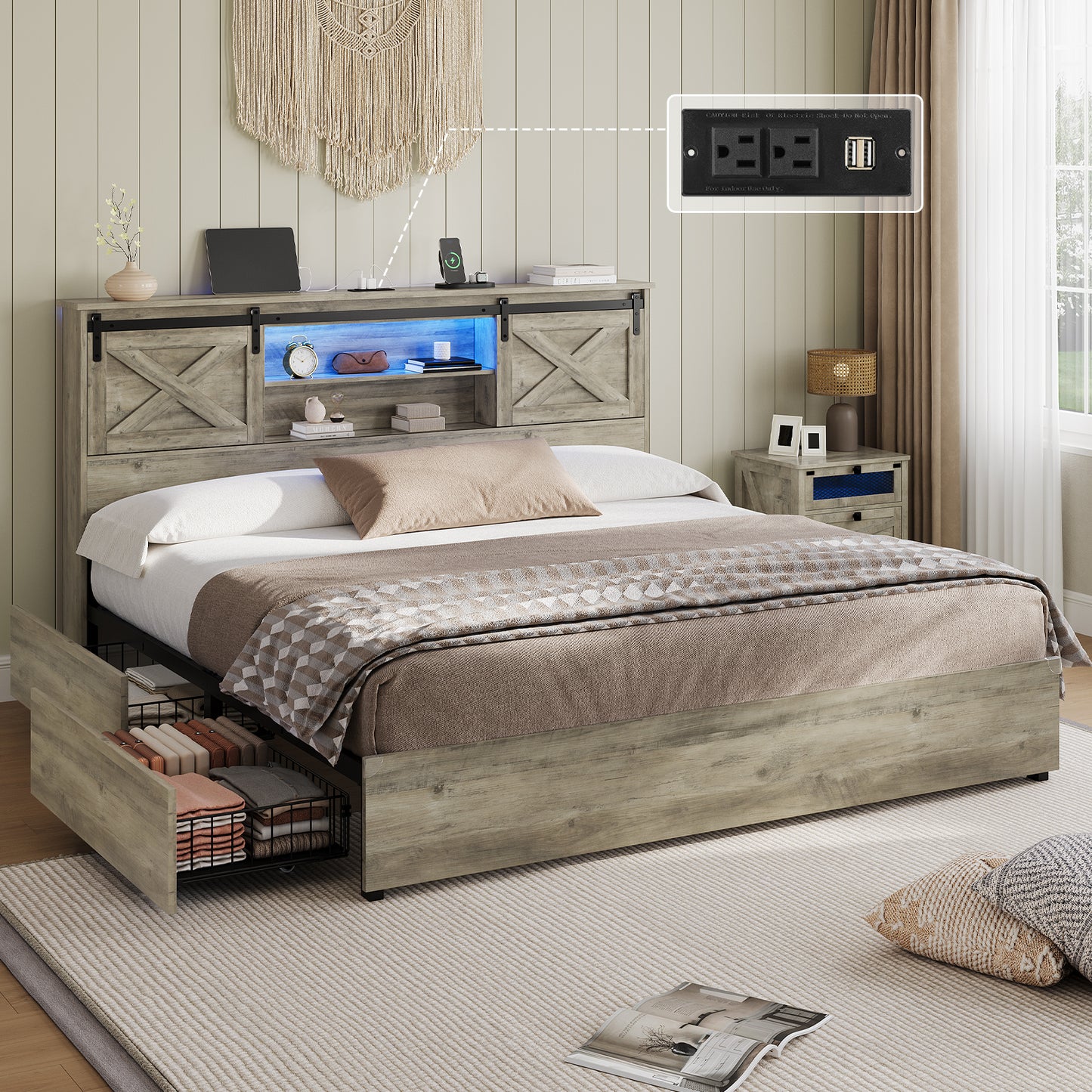 Hasuit | Farmhouse Bed Frame with 4 Storage Drawers Wooden Platform Rustic Beds with Charging Station and LED Lights Rustic Oak