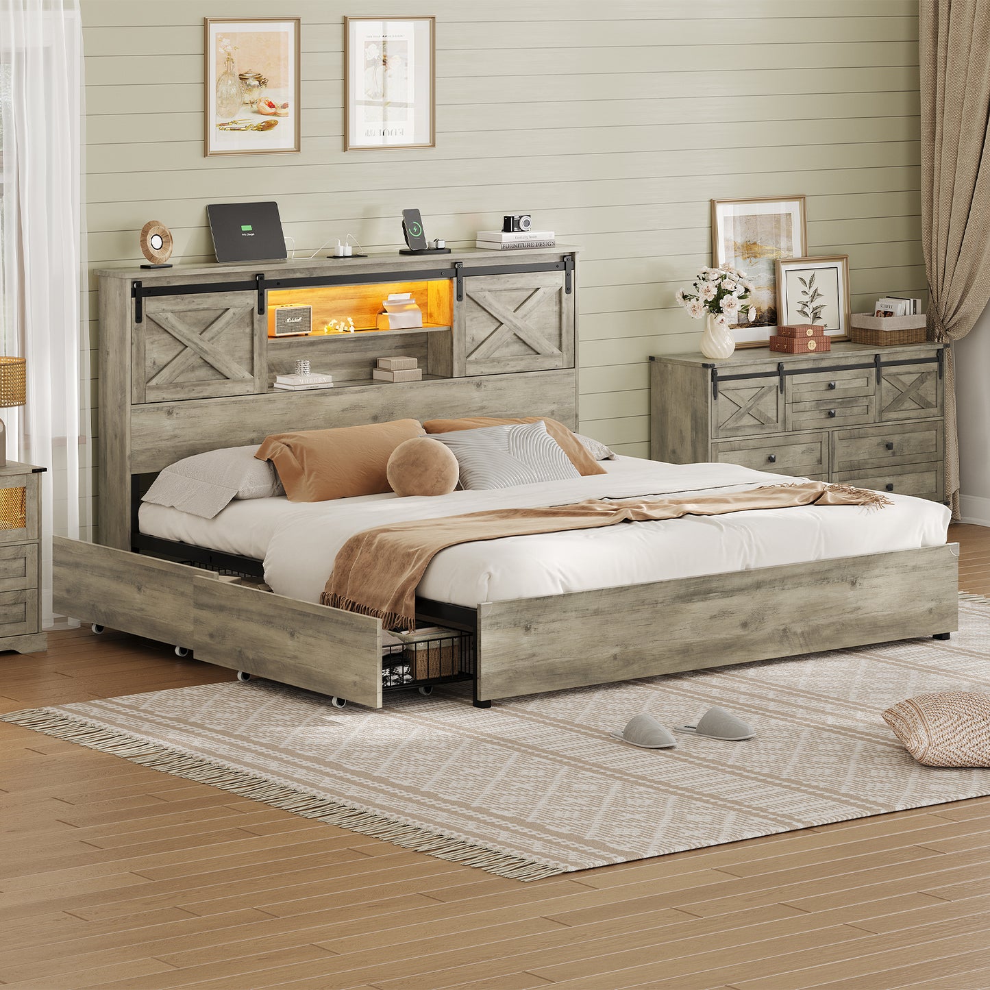 Hasuit | Farmhouse Bed Frame with 4 Storage Drawers Wooden Platform Rustic Beds with Charging Station and LED Lights Rustic Oak