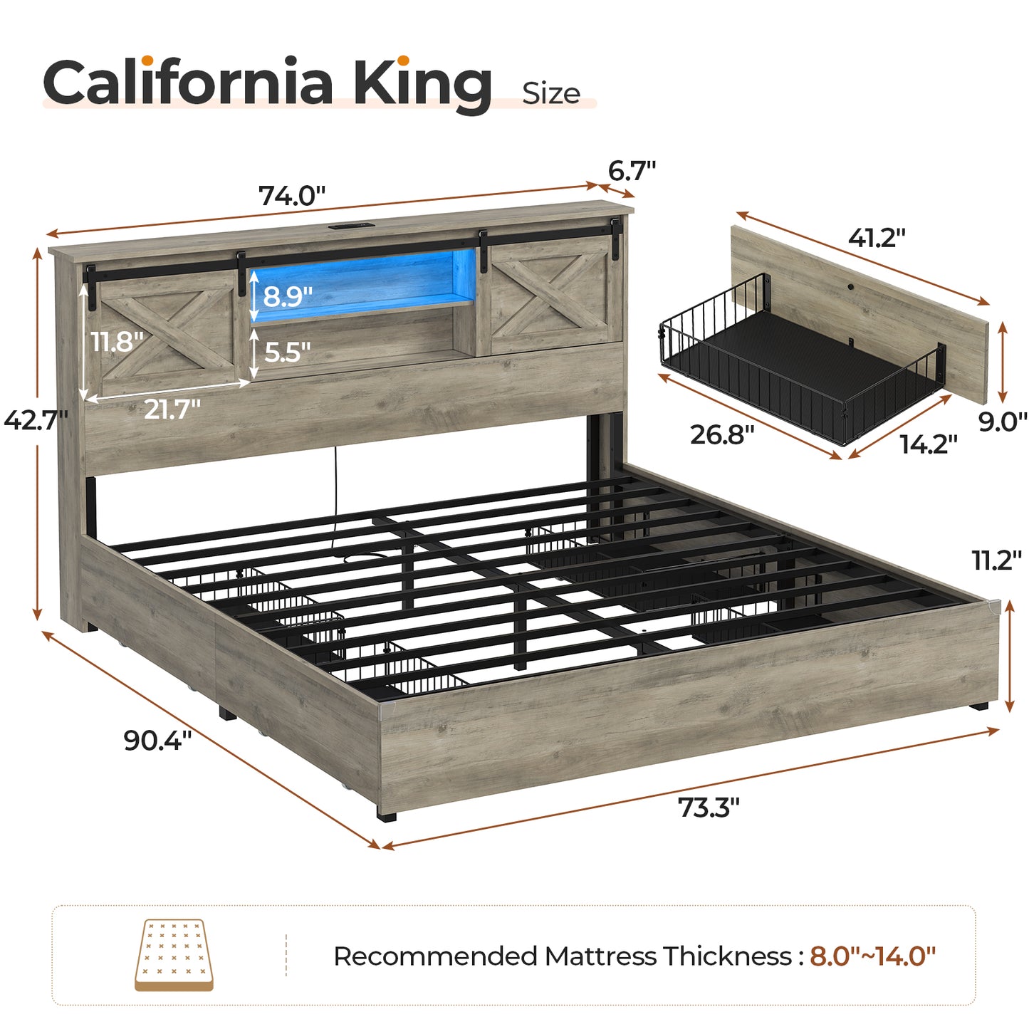 Hasuit | Farmhouse Bed Frame with 4 Storage Drawers Wooden Platform Rustic Beds with Charging Station and LED Lights Rustic Oak