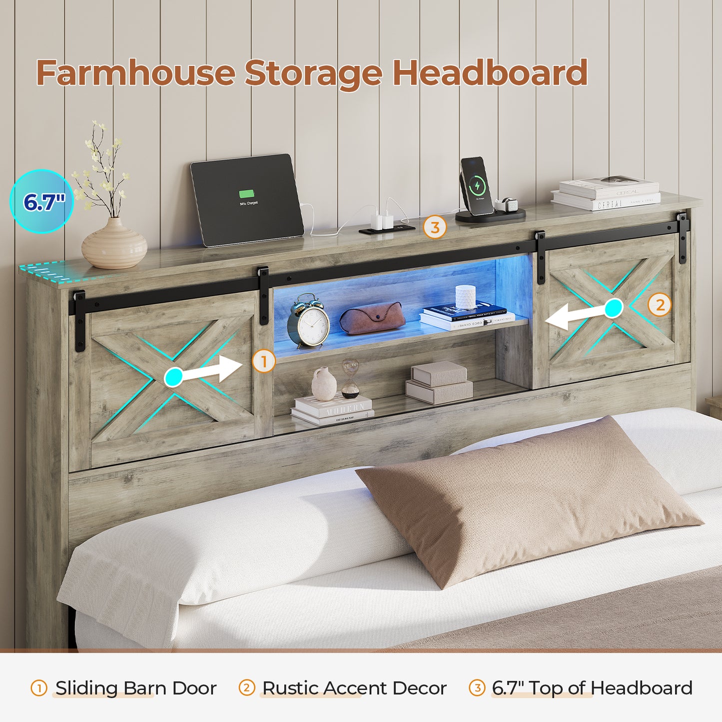 Hasuit | Farmhouse Bed Frame with 4 Storage Drawers Wooden Platform Rustic Beds with Charging Station and LED Lights Rustic Oak