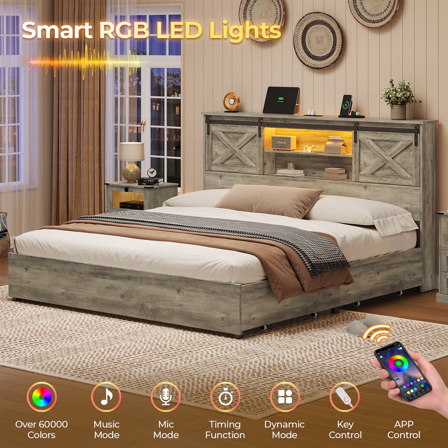 Hasuit | Farmhouse Bed Frame with 4 Storage Drawers Wooden Platform Rustic Beds with Charging Station and LED Lights Rustic Oak