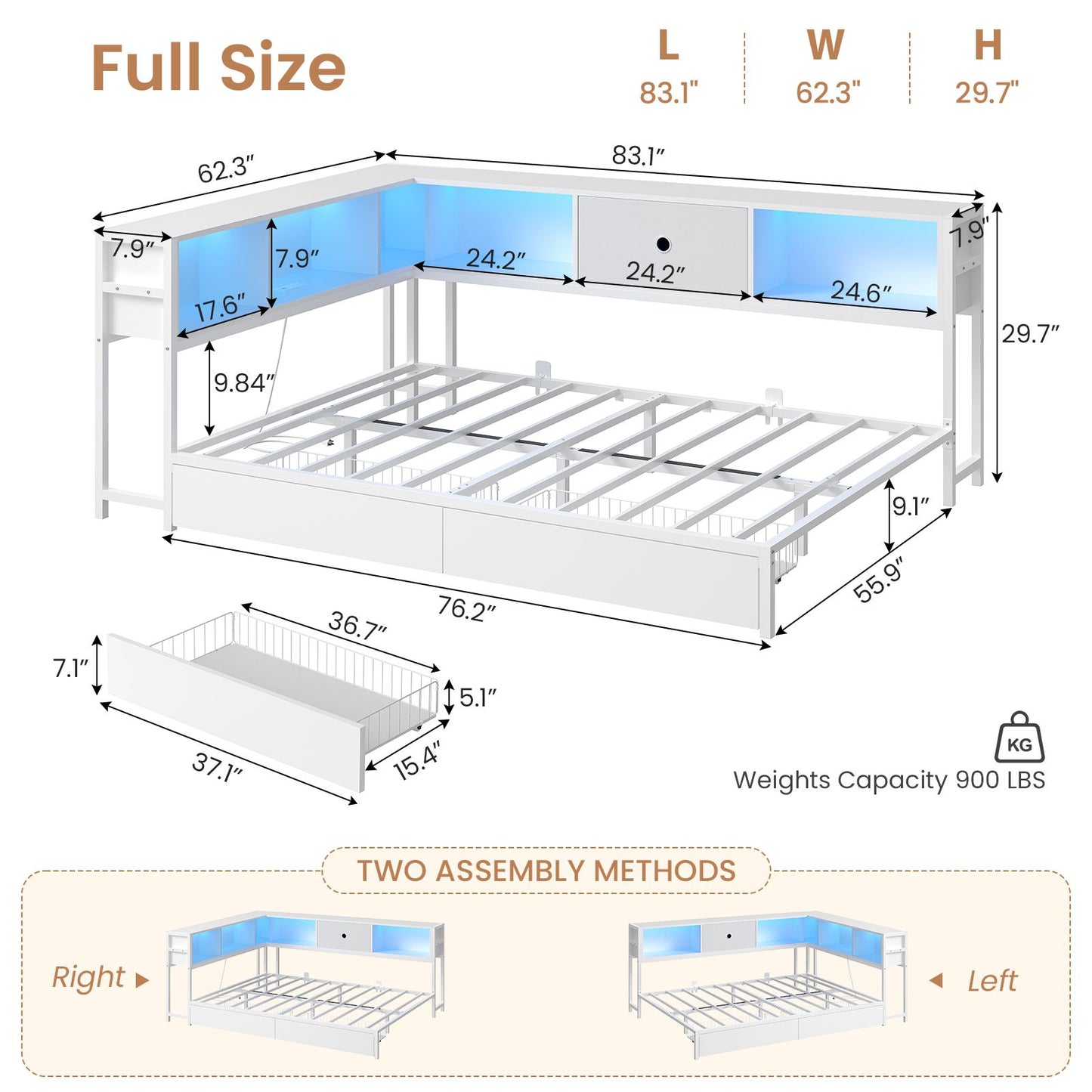 Hasuit | Corner Bed Frame with Storage Drawers and Bookcase Headboard Metal Platform Day Bed with Charging Station and LED Lights White Two Sizes