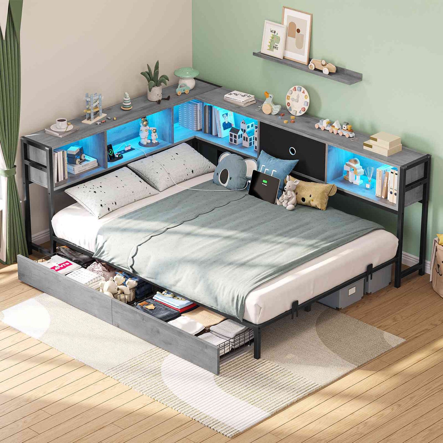 Hasuit | Corner Bed Frame with Storage Drawers and Bookcase Headboard Metal Platform Day Bed with Charging Station and LED Lights Oak Gray Three Sizes