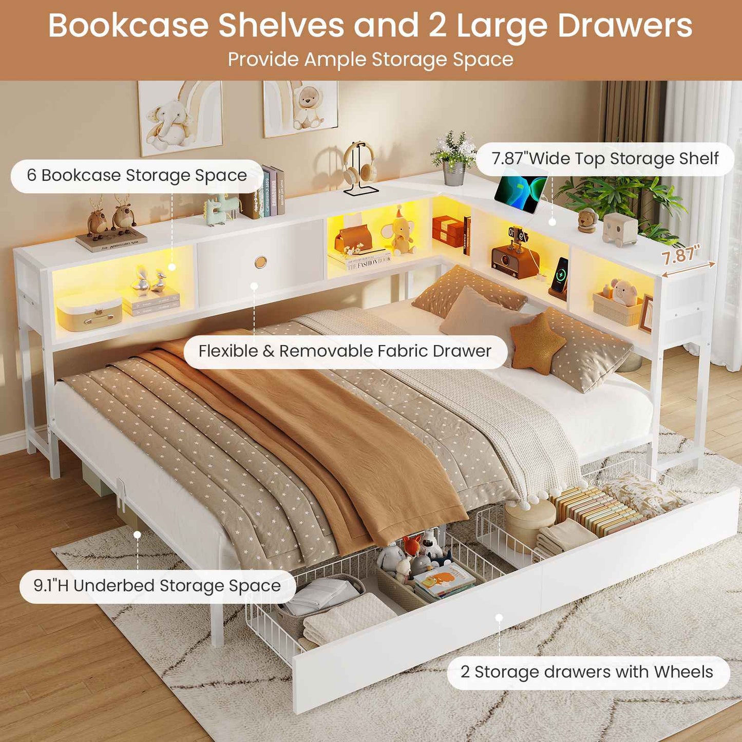 Hasuit | Corner Bed Frame with Storage Drawers and Bookcase Headboard Metal Platform Day Bed with Charging Station and LED Lights White Two Sizes