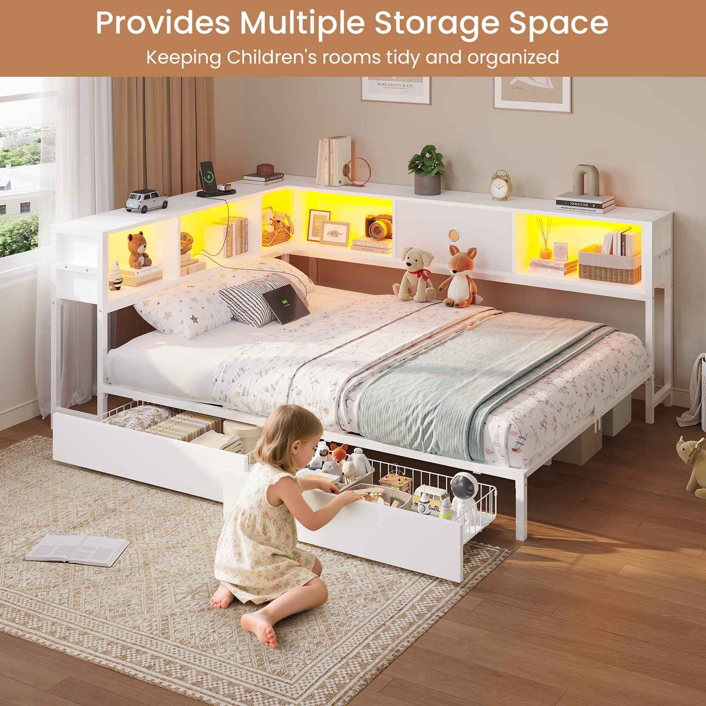 Hasuit | Corner Bed Frame with Storage Drawers and Bookcase Headboard Metal Platform Day Bed with Charging Station and LED Lights White Two Sizes