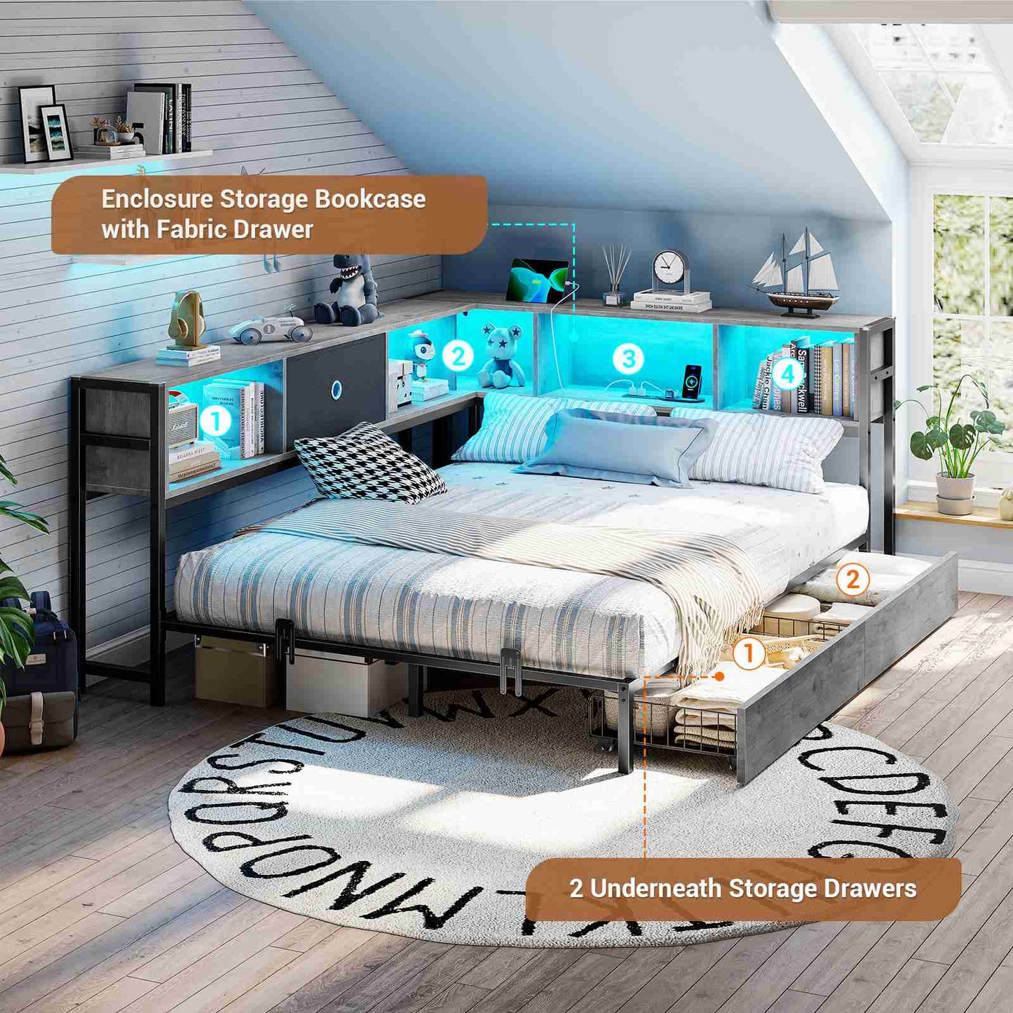 Hasuit | Corner Bed Frame with Storage Drawers and Bookcase Headboard Metal Platform Day Bed with Charging Station and LED Lights Oak Gray Three Sizes