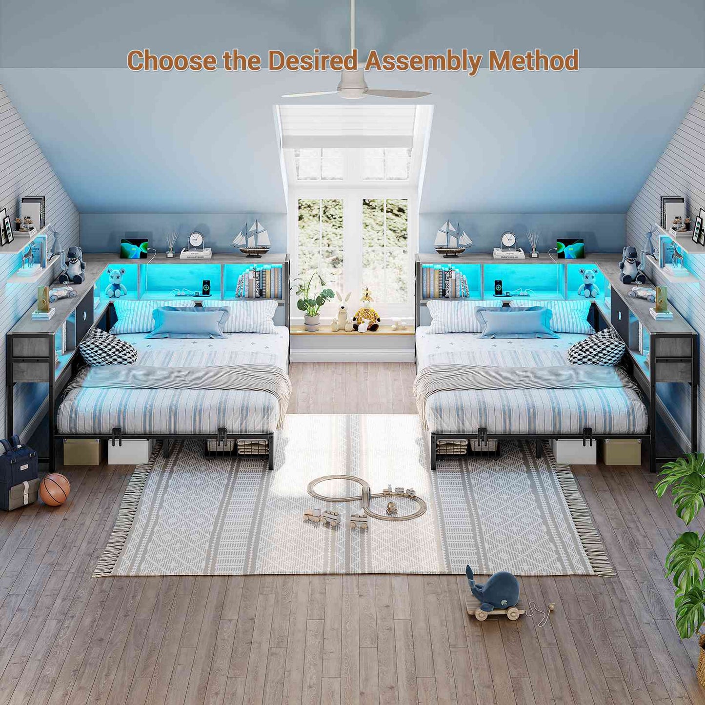 Hasuit | Corner Bed Frame with Storage Drawers and Bookcase Headboard Metal Platform Day Bed with Charging Station and LED Lights Oak Gray Three Sizes