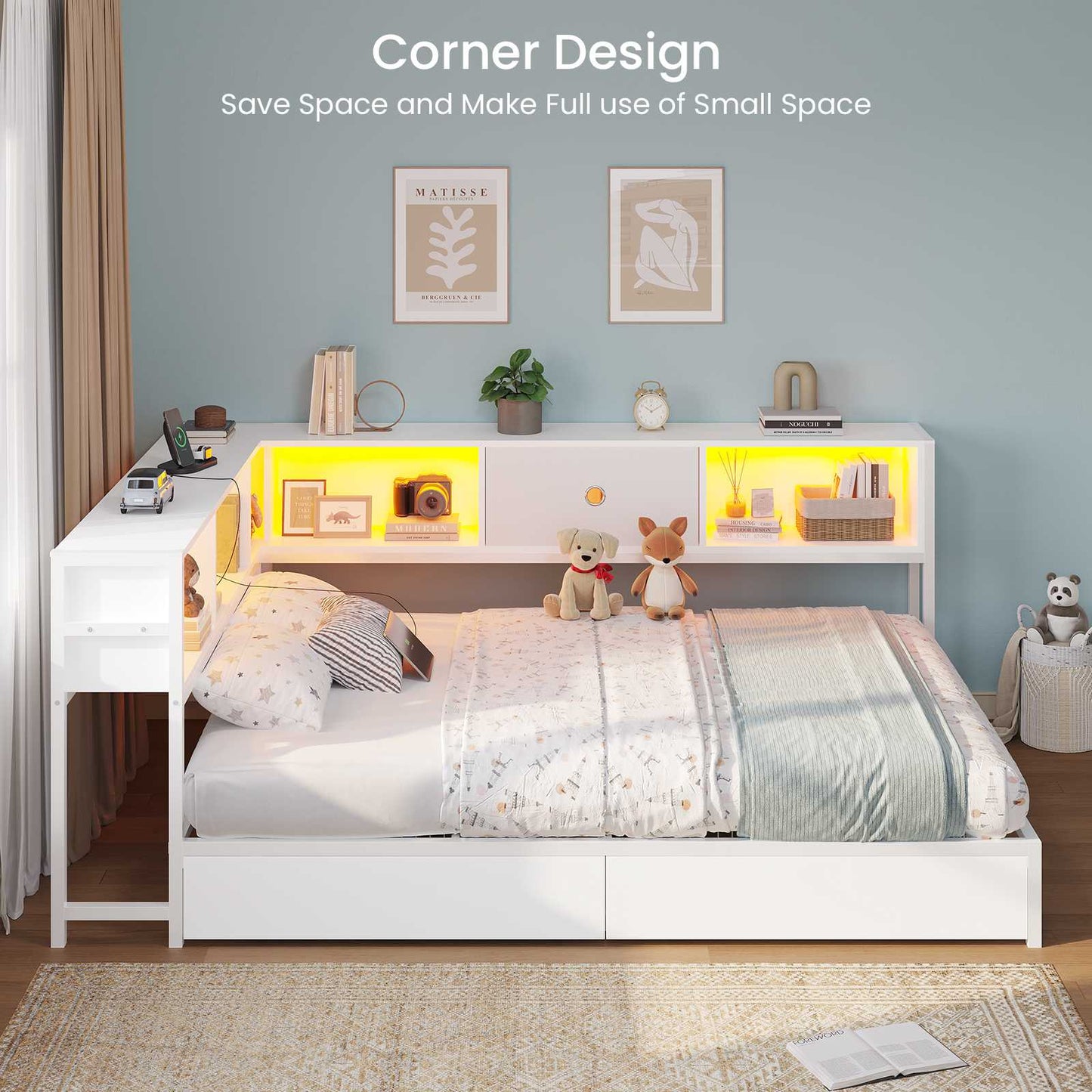 Hasuit | Corner Bed Frame with Storage Drawers and Bookcase Headboard Metal Platform Day Bed with Charging Station and LED Lights White Two Sizes