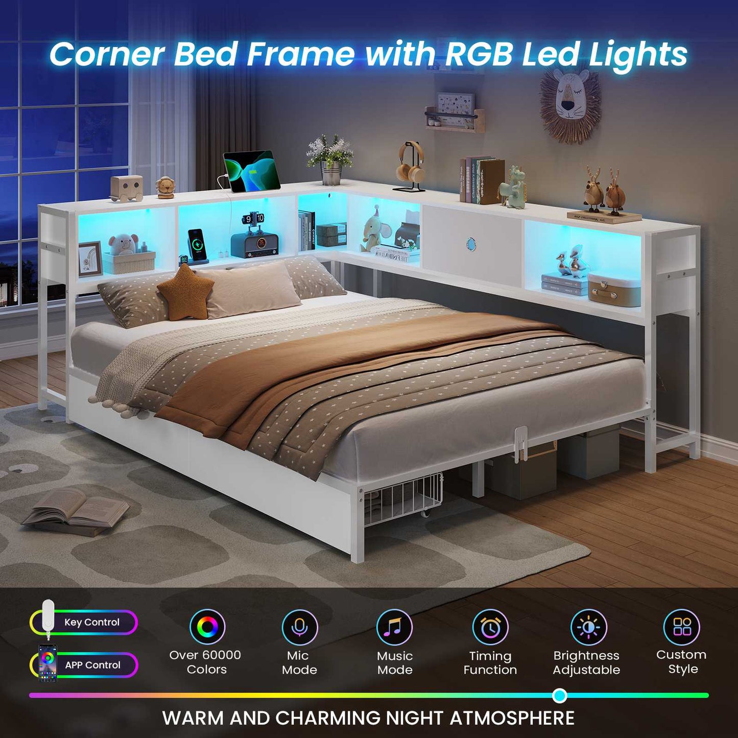 Hasuit | Corner Bed Frame with Storage Drawers and Bookcase Headboard Metal Platform Day Bed with Charging Station and LED Lights White Two Sizes