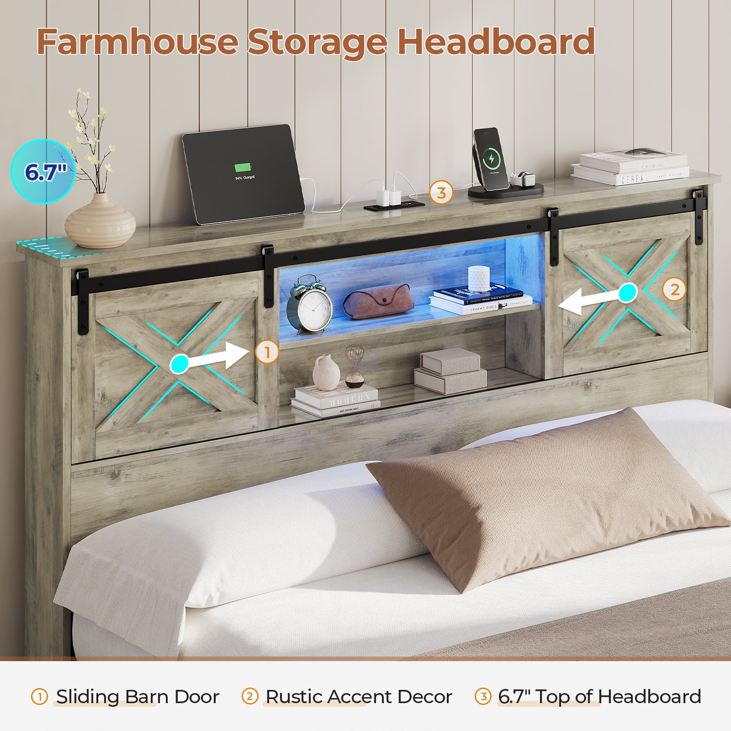 Hasuit | Farmhouse Bed Frame with 4 Storage Drawers Wooden Platform Rustic Beds with Charging Station and LED Lights Rustic Oak
