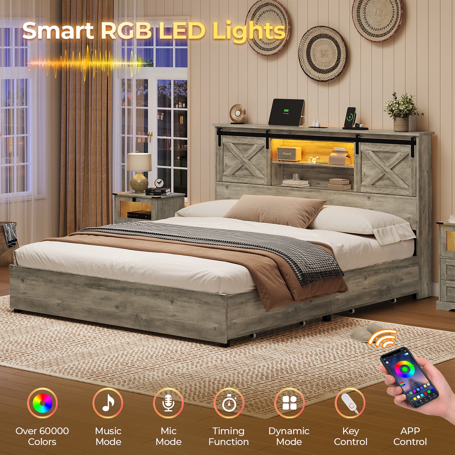 Hasuit | Farmhouse Bed Frame with 4 Storage Drawers Wooden Platform Rustic Beds with Charging Station and LED Lights Rustic Oak