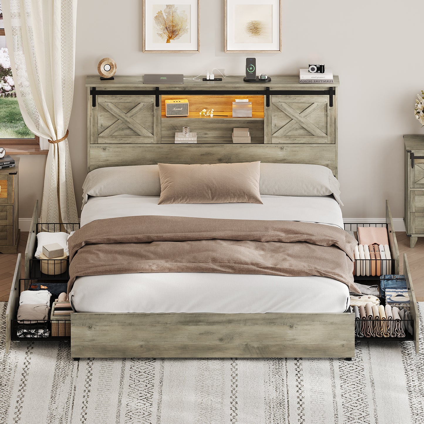 Hasuit | Farmhouse Bed Frame with 4 Storage Drawers Wooden Platform Rustic Beds with Charging Station and LED Lights Rustic Oak