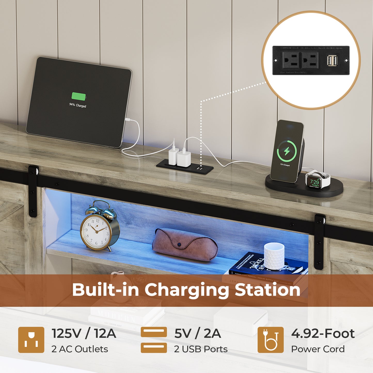 Hasuit | Farmhouse Bed Frame with 4 Storage Drawers Wooden Platform Rustic Beds with Charging Station and LED Lights Rustic Oak