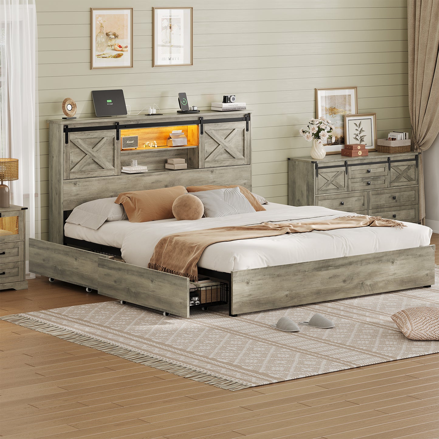 Hasuit | Farmhouse Bed Frame with 4 Storage Drawers Wooden Platform Rustic Beds with Charging Station and LED Lights Rustic Oak