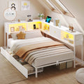 Hasuit | Corner Bed Frame with Storage Drawers and Bookcase Headboard Metal Platform Day Bed with Charging Station and LED Lights White Two Sizes