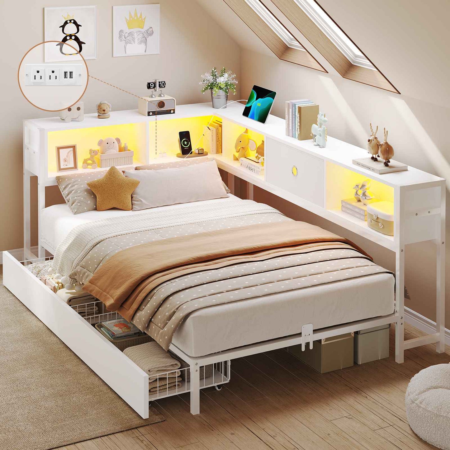 Hasuit | Corner Bed Frame with Storage Drawers and Bookcase Headboard Metal Platform Day Bed with Charging Station and LED Lights White Two Sizes
