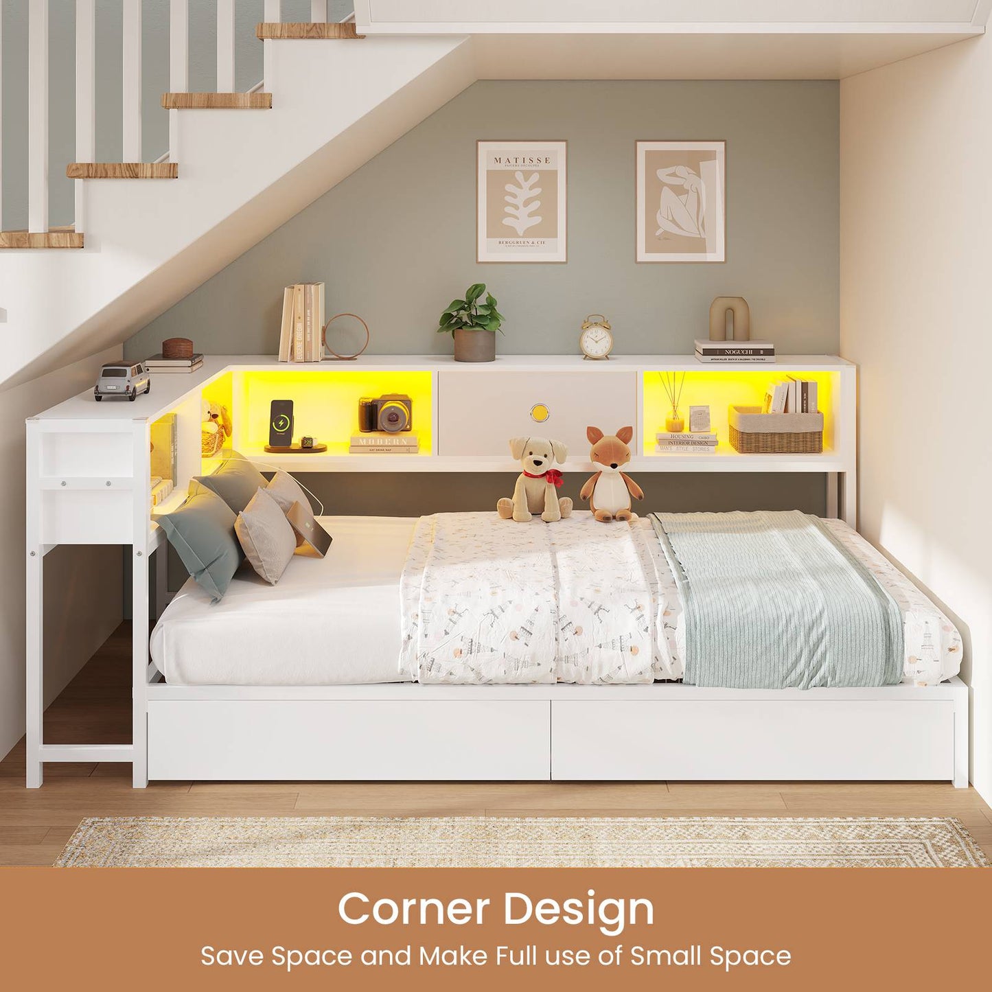 Hasuit | Corner Bed Frame with Storage Drawers and Bookcase Headboard Metal Platform Day Bed with Charging Station and LED Lights White Two Sizes