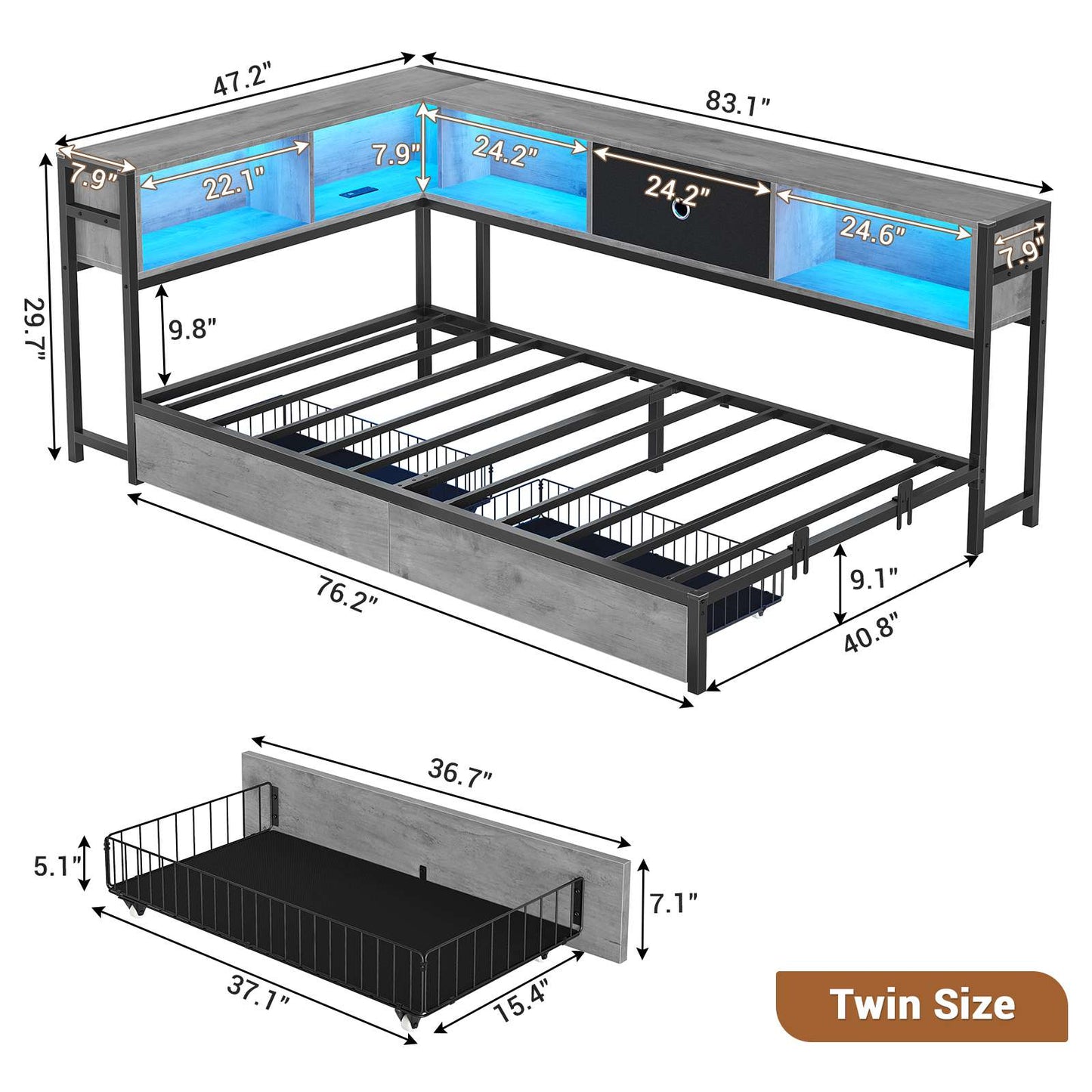 Hasuit | Corner Bed Frame with Storage Drawers and Bookcase Headboard Metal Platform Day Bed with Charging Station and LED Lights Oak Gray Three Sizes