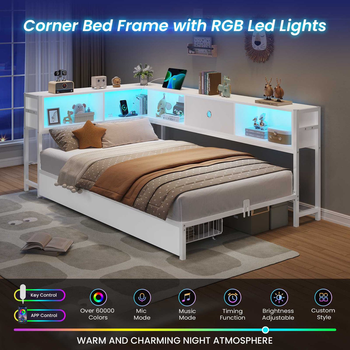 Hasuit | Corner Bed Frame with Storage Drawers and Bookcase Headboard Metal Platform Day Bed with Charging Station and LED Lights White Two Sizes