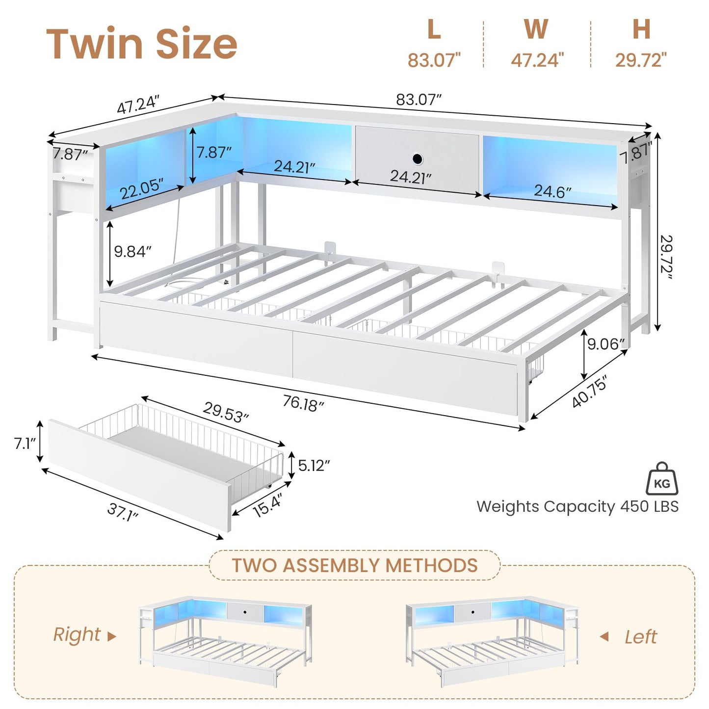 Hasuit | Corner Bed Frame with Storage Drawers and Bookcase Headboard Metal Platform Day Bed with Charging Station and LED Lights White Two Sizes