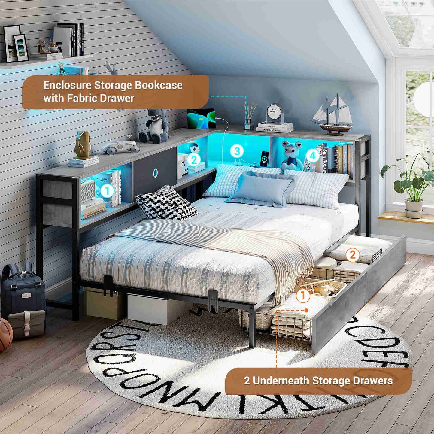 Hasuit | Corner Bed Frame with Storage Drawers and Bookcase Headboard Metal Platform Day Bed with Charging Station and LED Lights Oak Gray Three Sizes