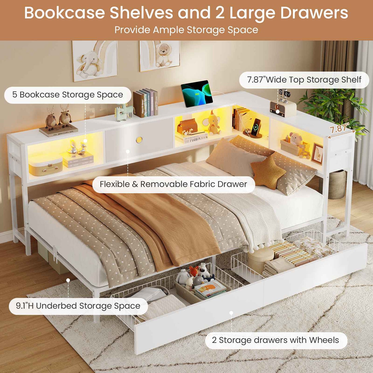 Hasuit | Corner Bed Frame with Storage Drawers and Bookcase Headboard Metal Platform Day Bed with Charging Station and LED Lights White Two Sizes