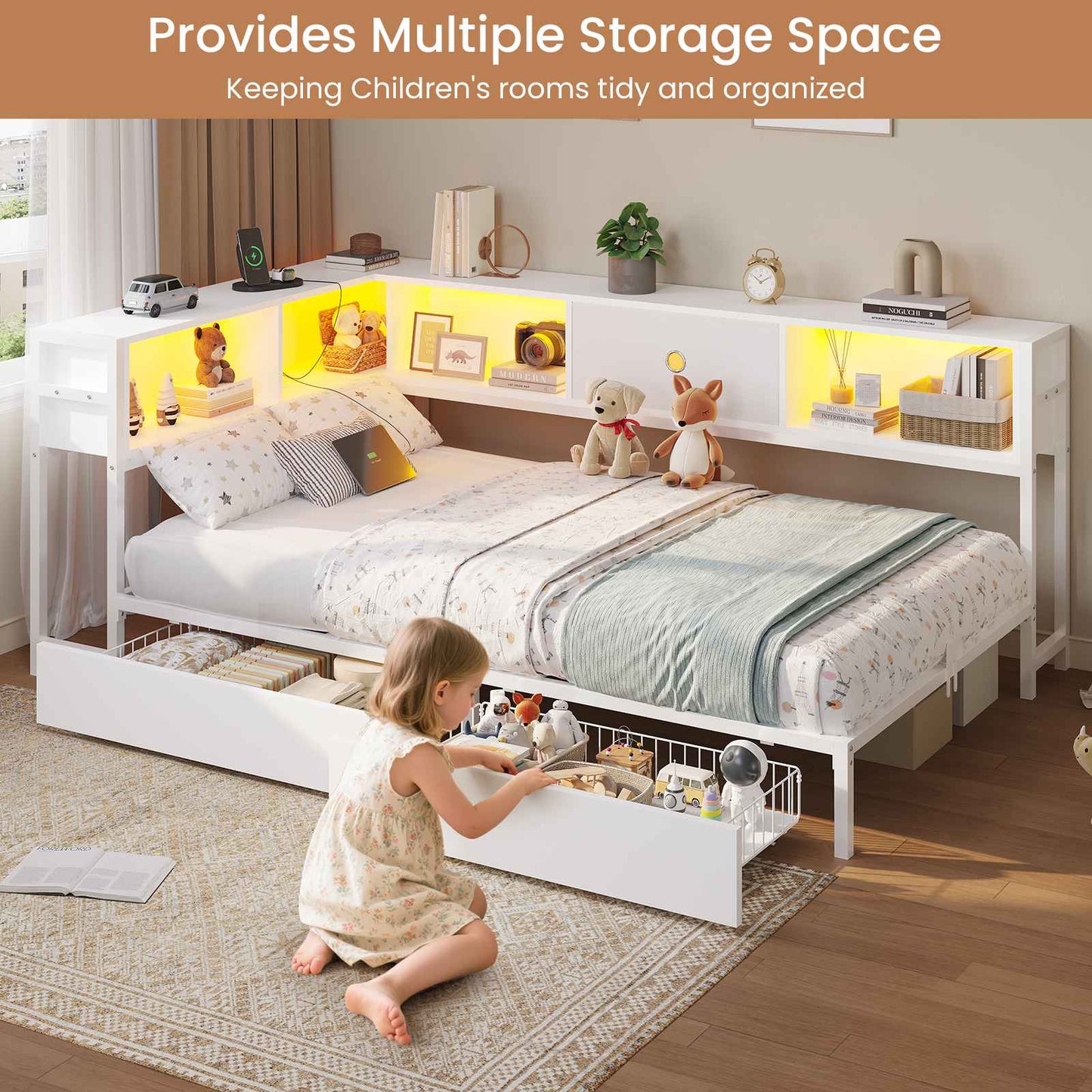Hasuit | Corner Bed Frame with Storage Drawers and Bookcase Headboard Metal Platform Day Bed with Charging Station and LED Lights White Two Sizes