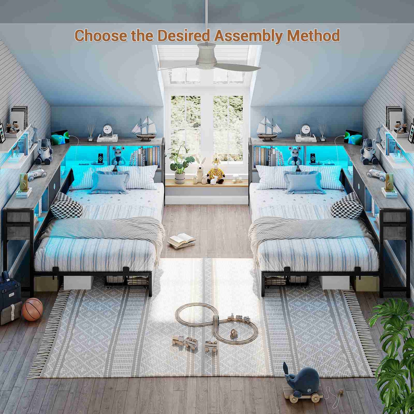 Hasuit | Corner Bed Frame with Storage Drawers and Bookcase Headboard Metal Platform Day Bed with Charging Station and LED Lights Oak Gray Three Sizes