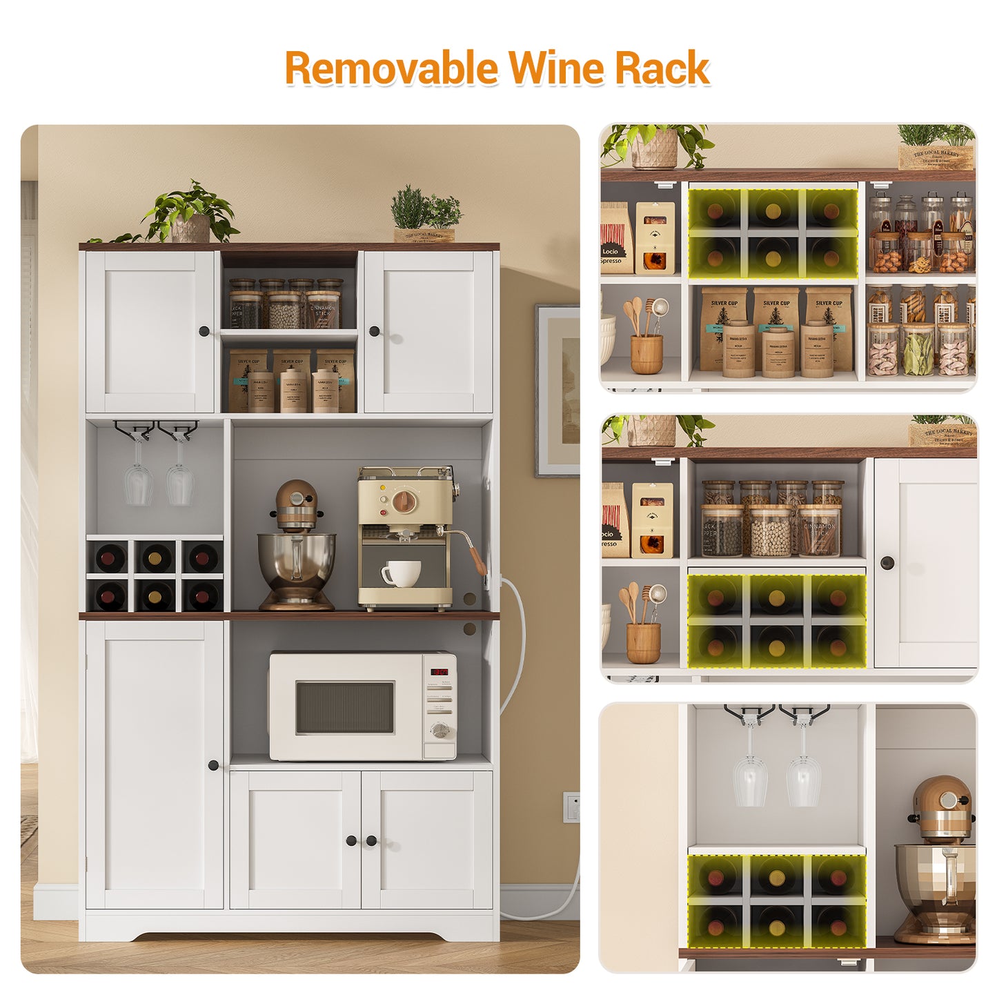 Hasuit | 71.3 Inch Pantry Cabinet with Charging Station Tall Farmhouse Kitchen Hutch with Removable Wine Rack