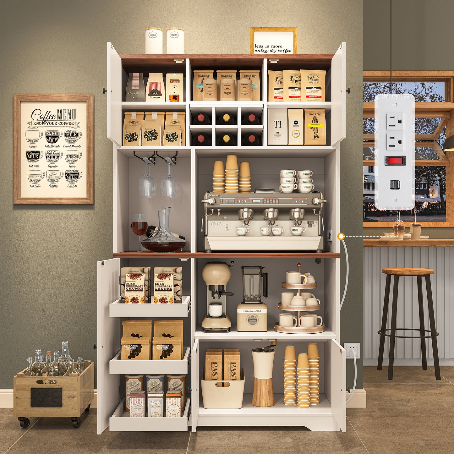 Hasuit | 71.3 Inch Pantry Cabinet with Charging Station Tall Farmhouse Kitchen Hutch with Removable Wine Rack
