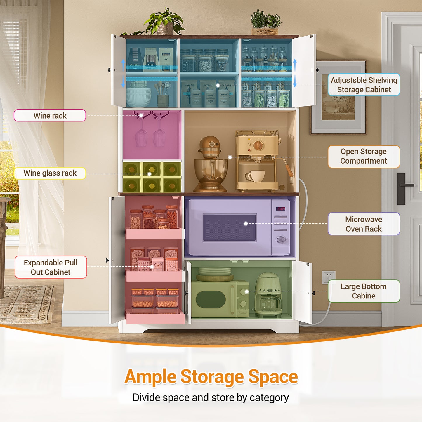 Hasuit | 71.3 Inch Pantry Cabinet with Charging Station Tall Farmhouse Kitchen Hutch with Removable Wine Rack