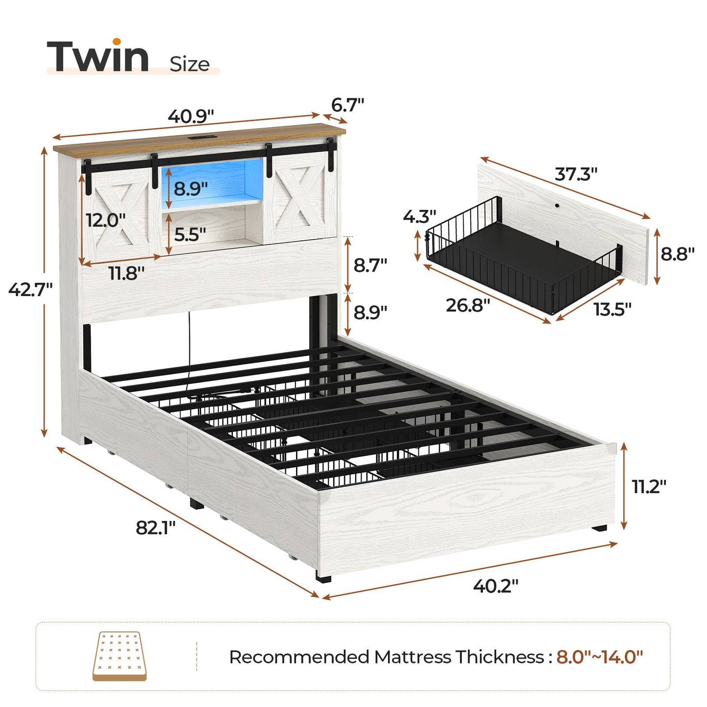Hasuit | Farmhouse Bed Frame with 4 Storage Drawers Wooden Platform Rustic Beds with Charging Station and LED Lights White