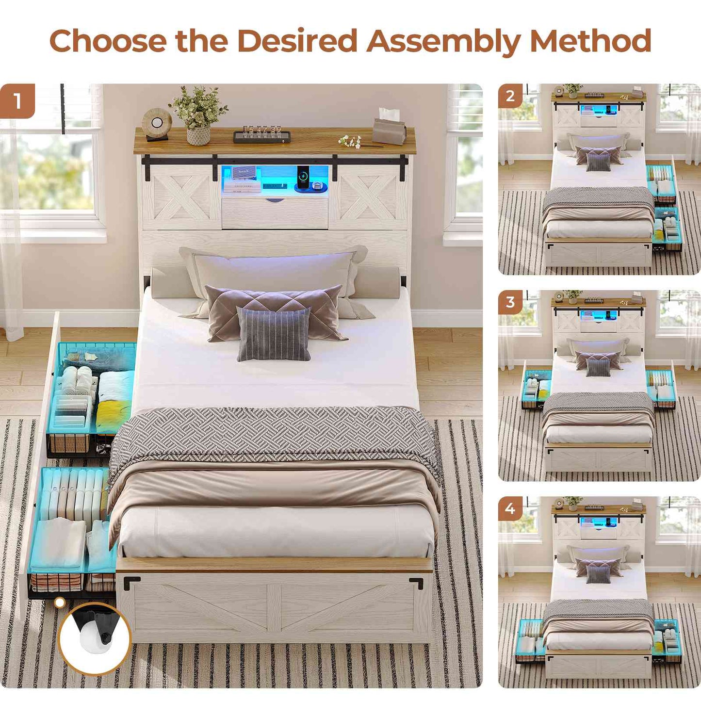 Hasuit | Farmhouse Bed Frame with 2 Storage Drawers Rustic Wooden Platform Twin XL Bed with LED Lights and Charging Station White