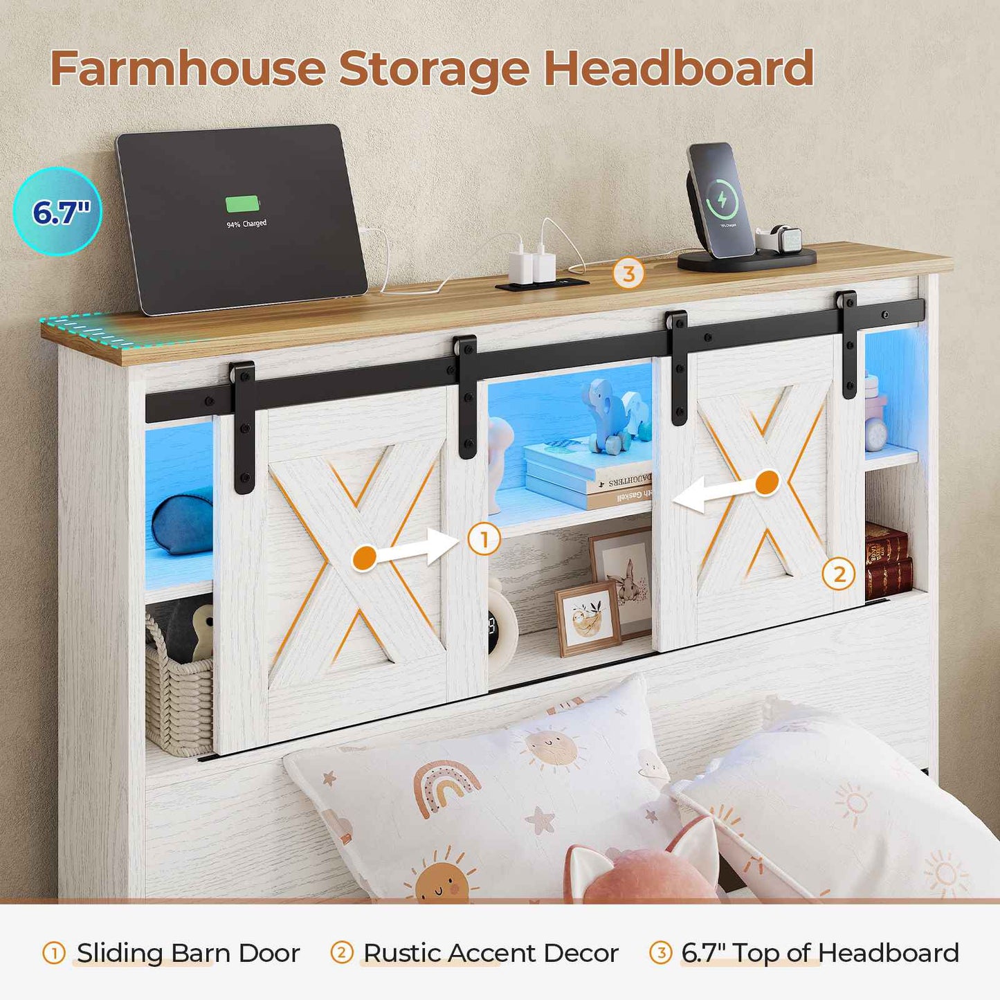Hasuit | Farmhouse Bed Frame with 4 Storage Drawers Wooden Platform Rustic Beds with Charging Station and LED Lights White