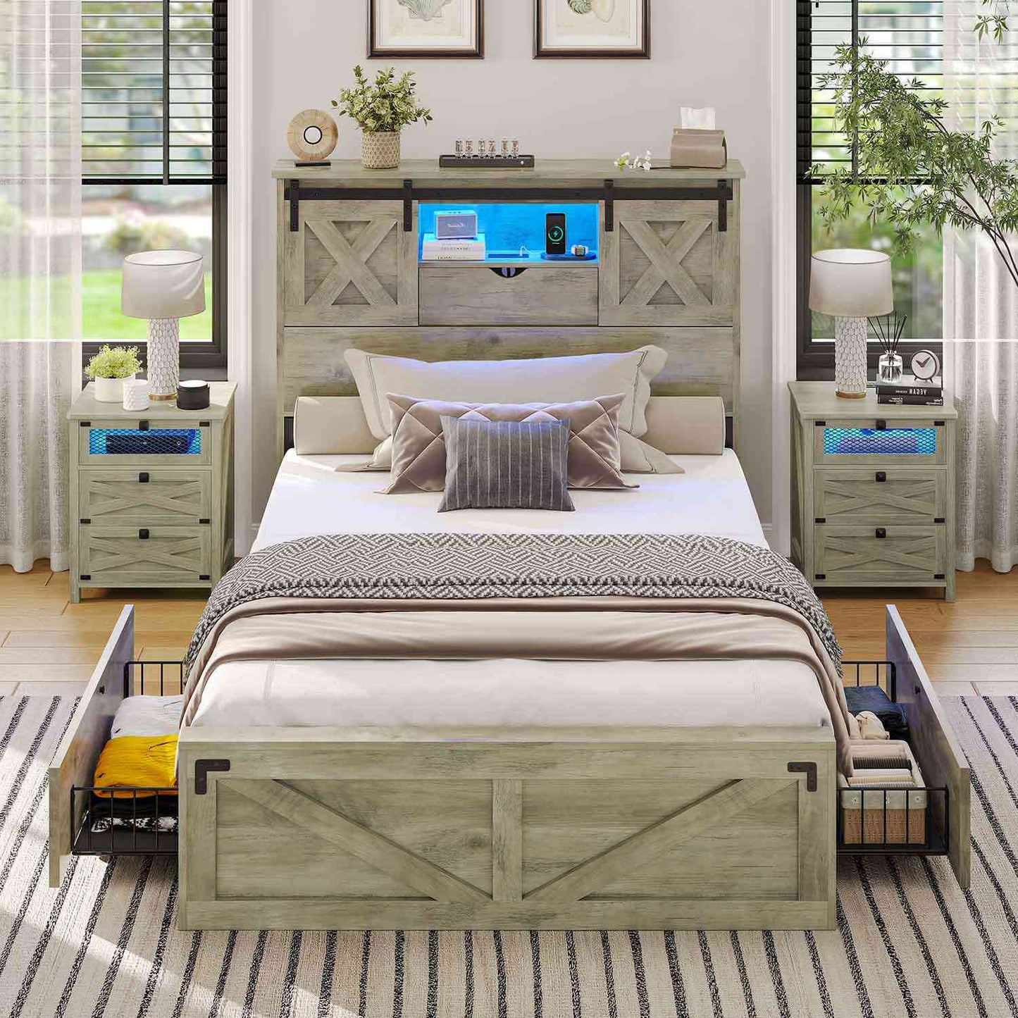 Hasuit | Farmhouse Bed Frame with 2 Storage Drawers Rustic Wooden Platform Twin Bed with LED Lights and Charging Station Rustic Oak