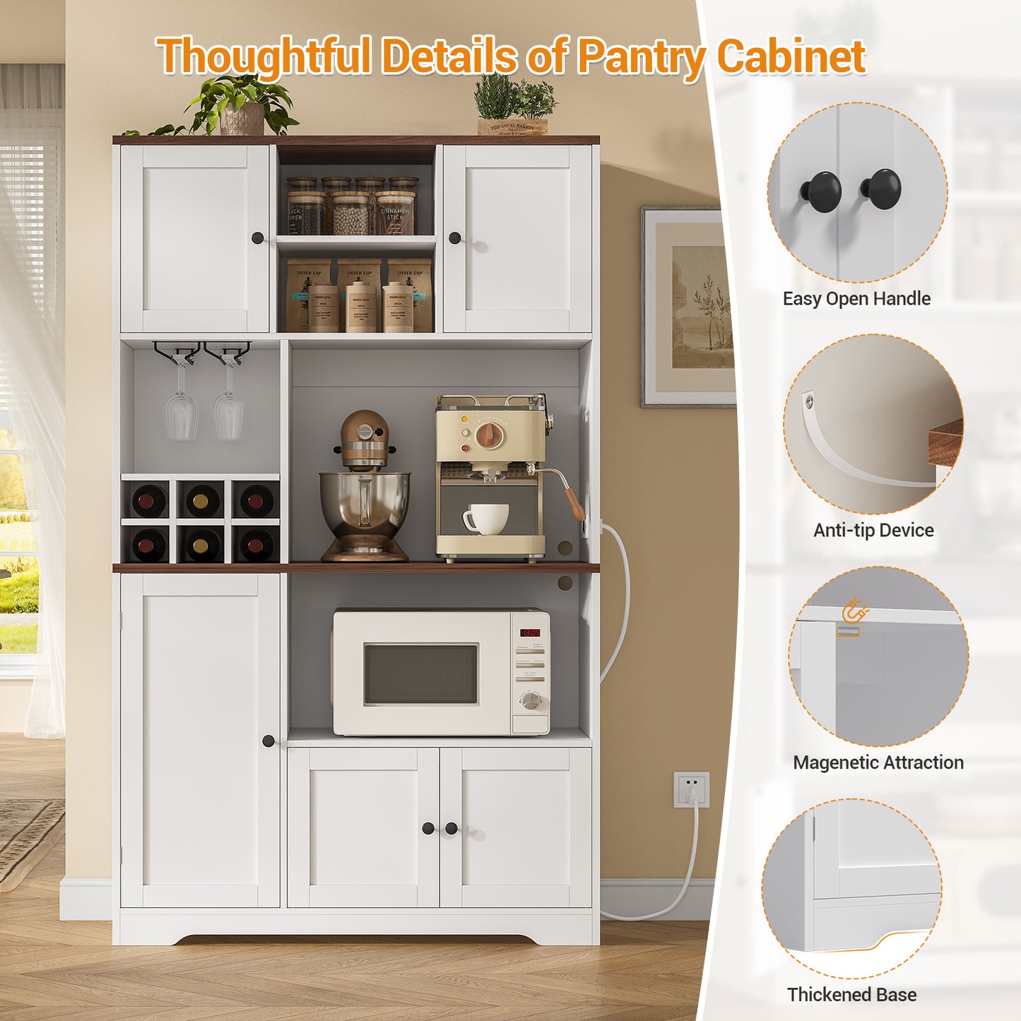 Hasuit | 71.3 Inch Pantry Cabinet with Charging Station Tall Farmhouse Kitchen Hutch with Removable Wine Rack