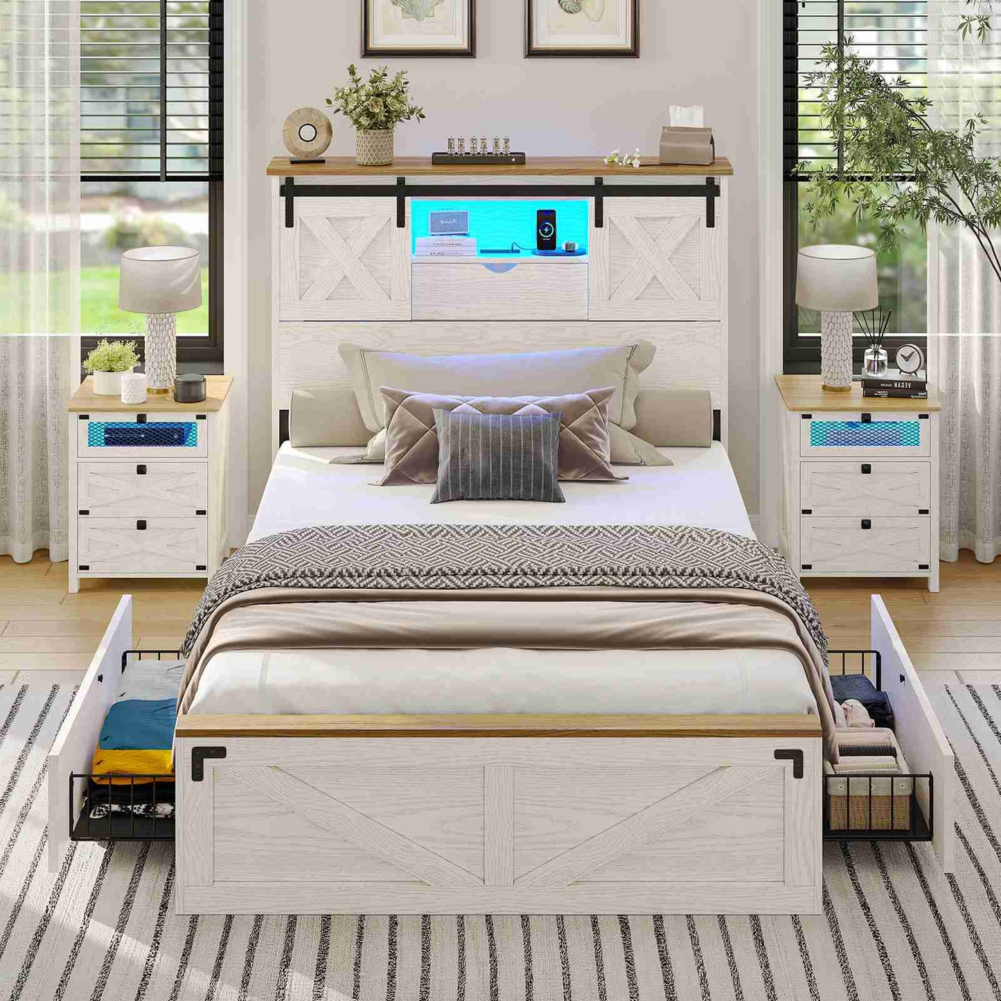Hasuit | Farmhouse Bed Frame with 2 Storage Drawers Rustic Wooden Platform Twin XL Bed with LED Lights and Charging Station White