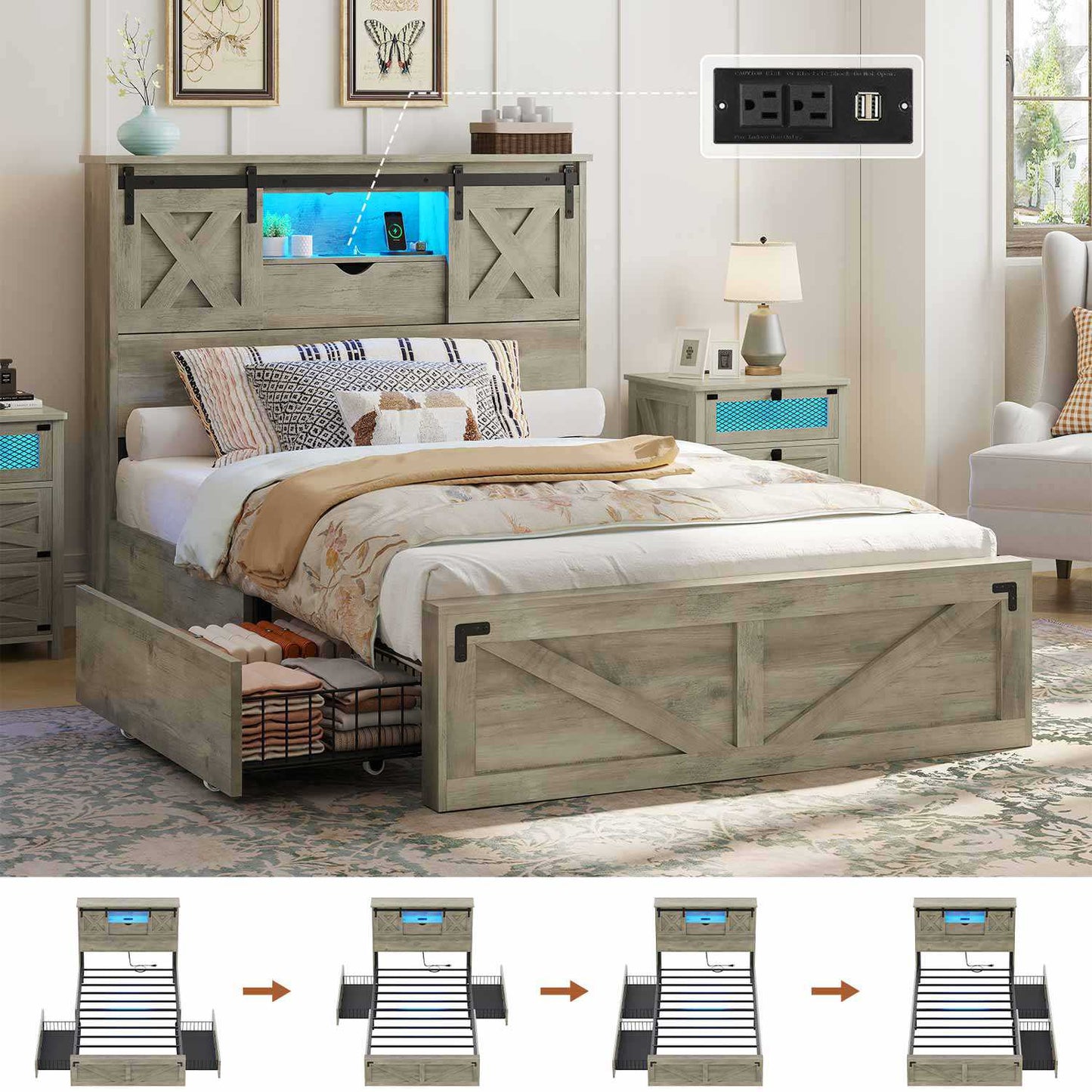 Hasuit | Farmhouse Bed Frame with 2 Storage Drawers Rustic Wooden Platform Twin Bed with LED Lights and Charging Station Rustic Oak