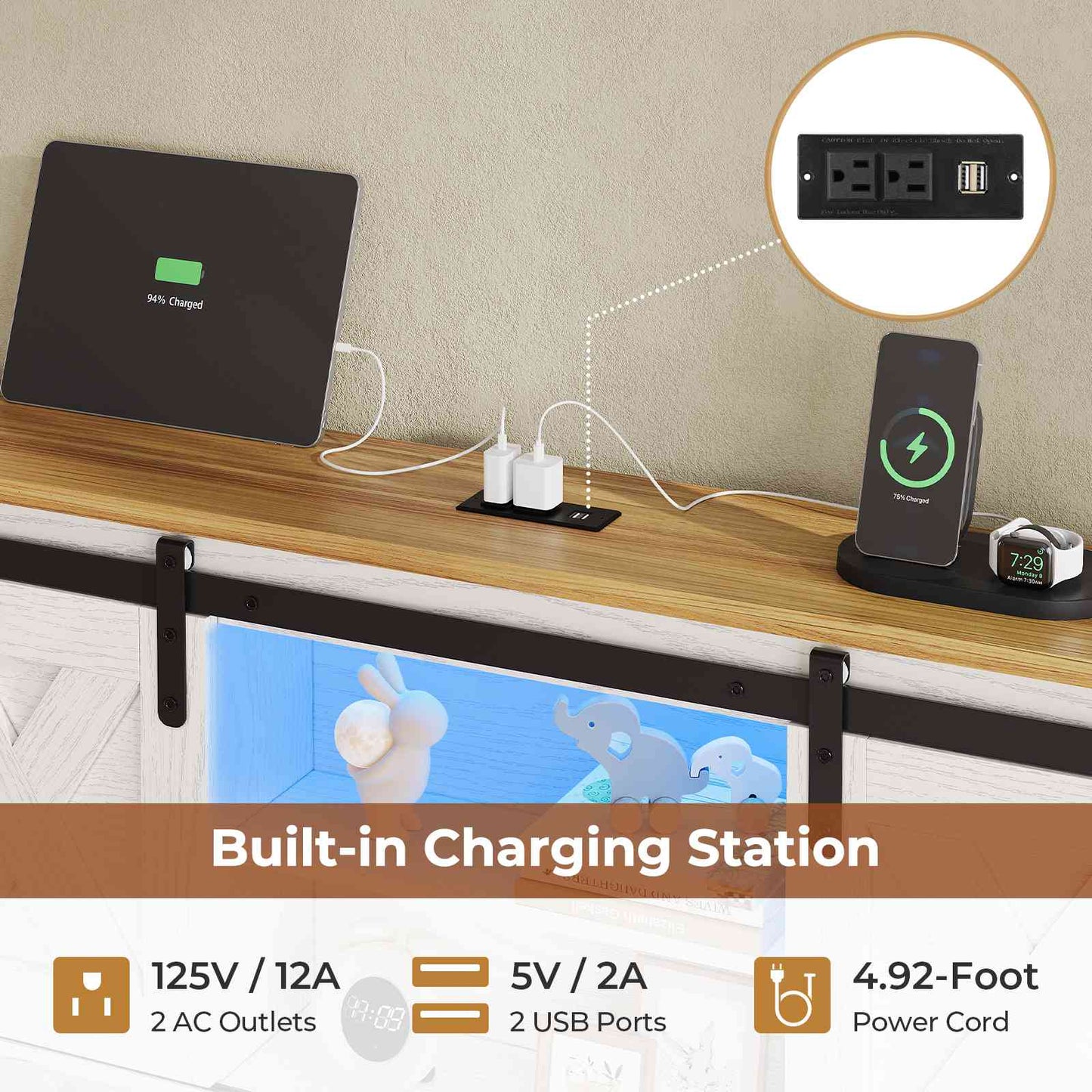Hasuit | Farmhouse Bed Frame with 4 Storage Drawers Wooden Platform Rustic Beds with Charging Station and LED Lights White