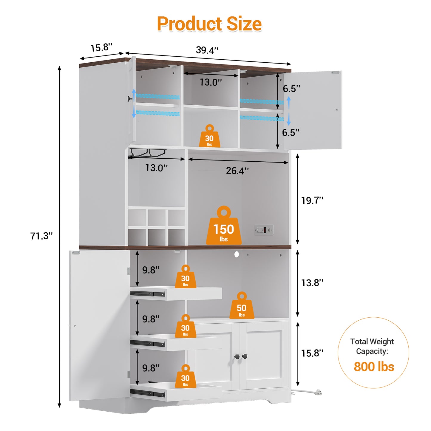 Hasuit | 71.3 Inch Pantry Cabinet with Charging Station Tall Farmhouse Kitchen Hutch with Removable Wine Rack