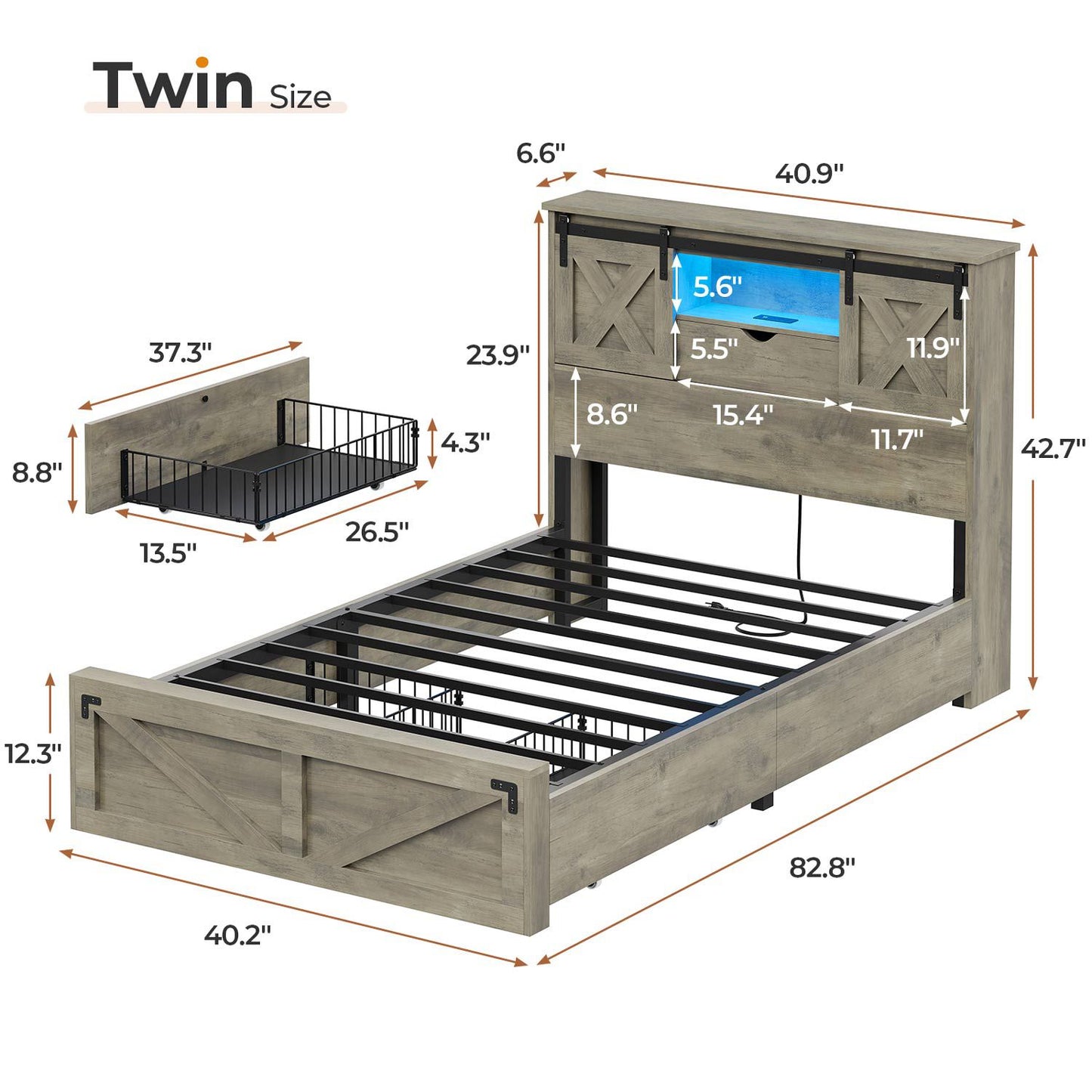 Hasuit | Farmhouse Bed Frame with 2 Storage Drawers Rustic Wooden Platform Twin Bed with LED Lights and Charging Station