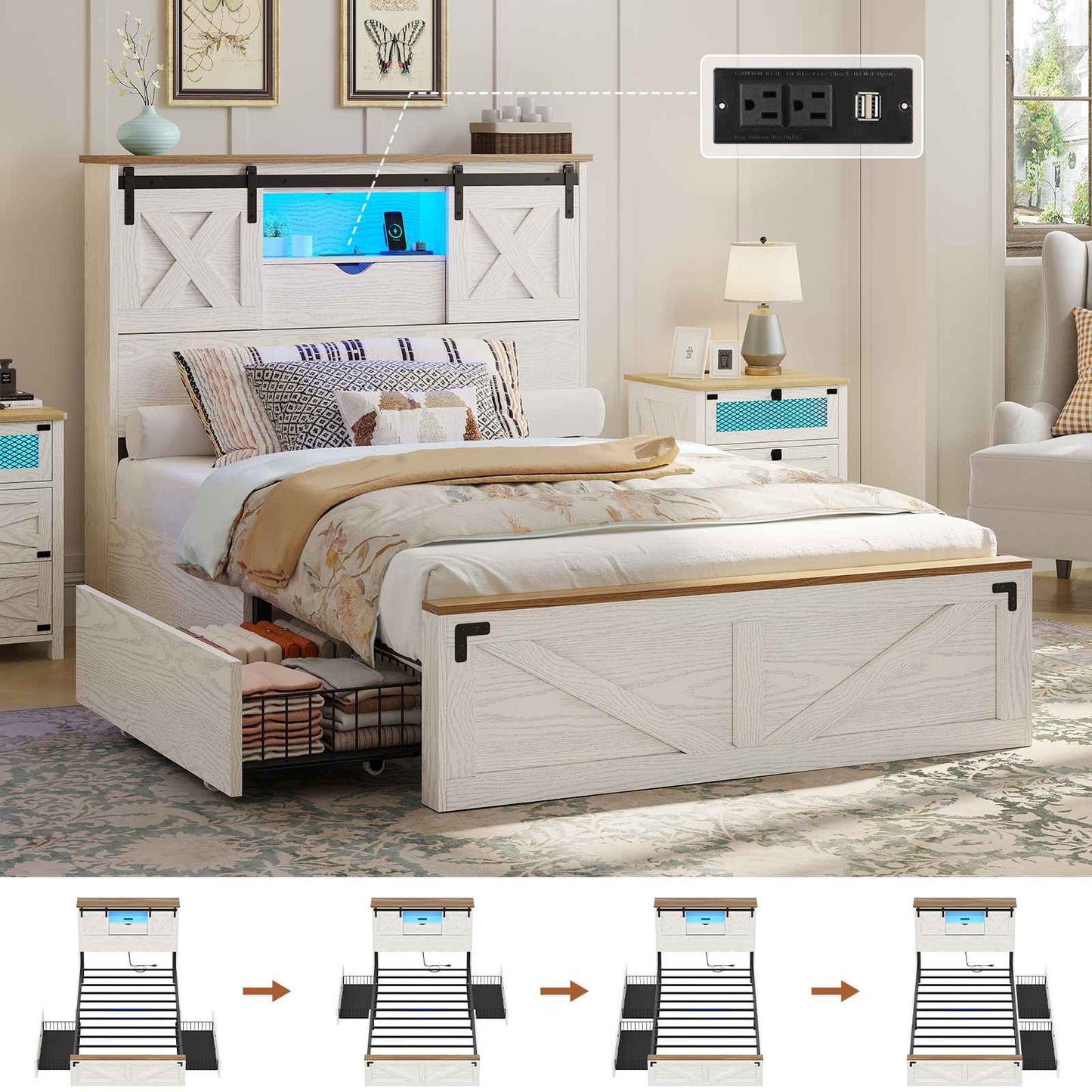 Hasuit | Farmhouse Bed Frame with 2 Storage Drawers Rustic Wooden Platform Twin XL Bed with LED Lights and Charging Station White