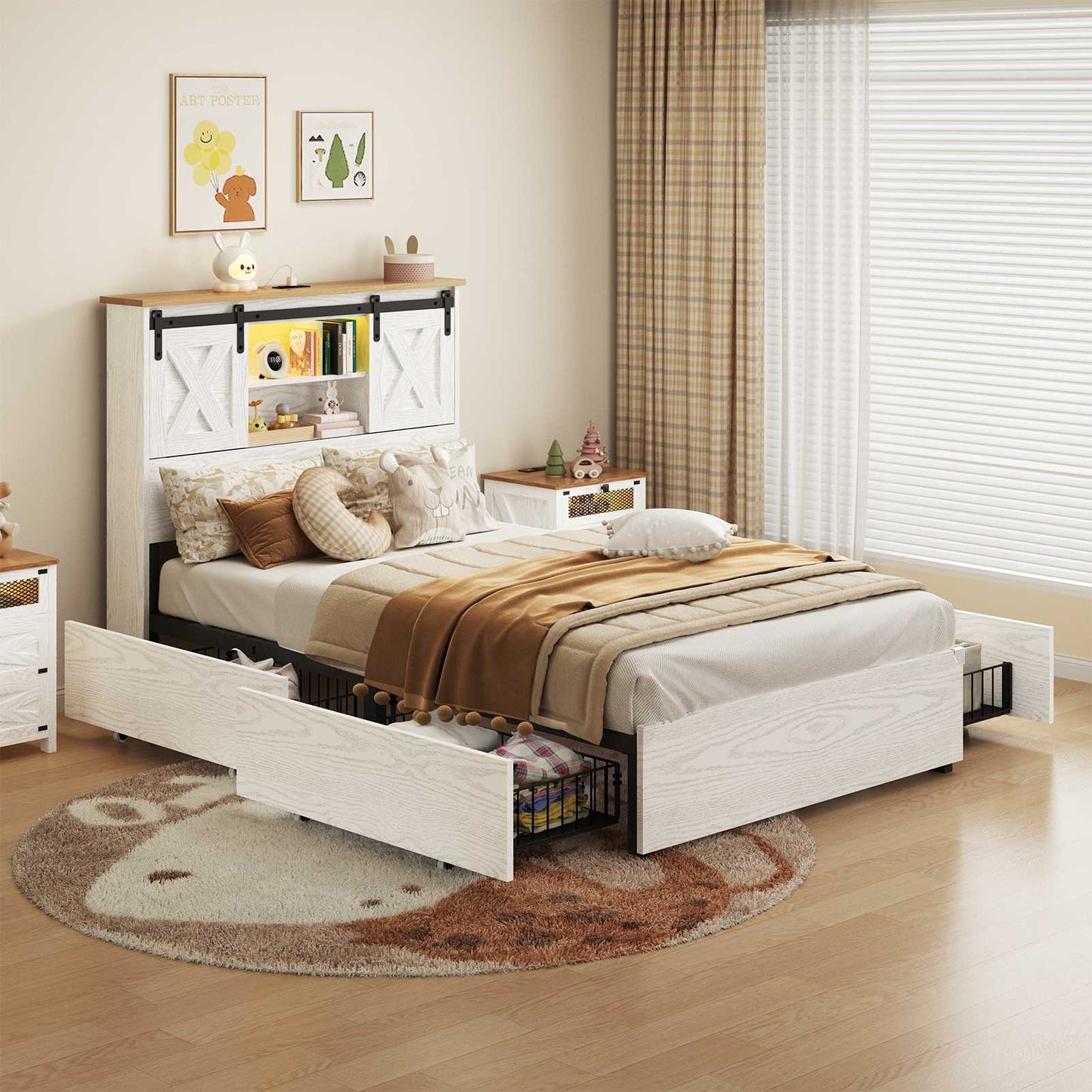 Hasuit | Farmhouse Bed Frame with 4 Storage Drawers Wooden Platform Rustic Beds with Charging Station and LED Lights White