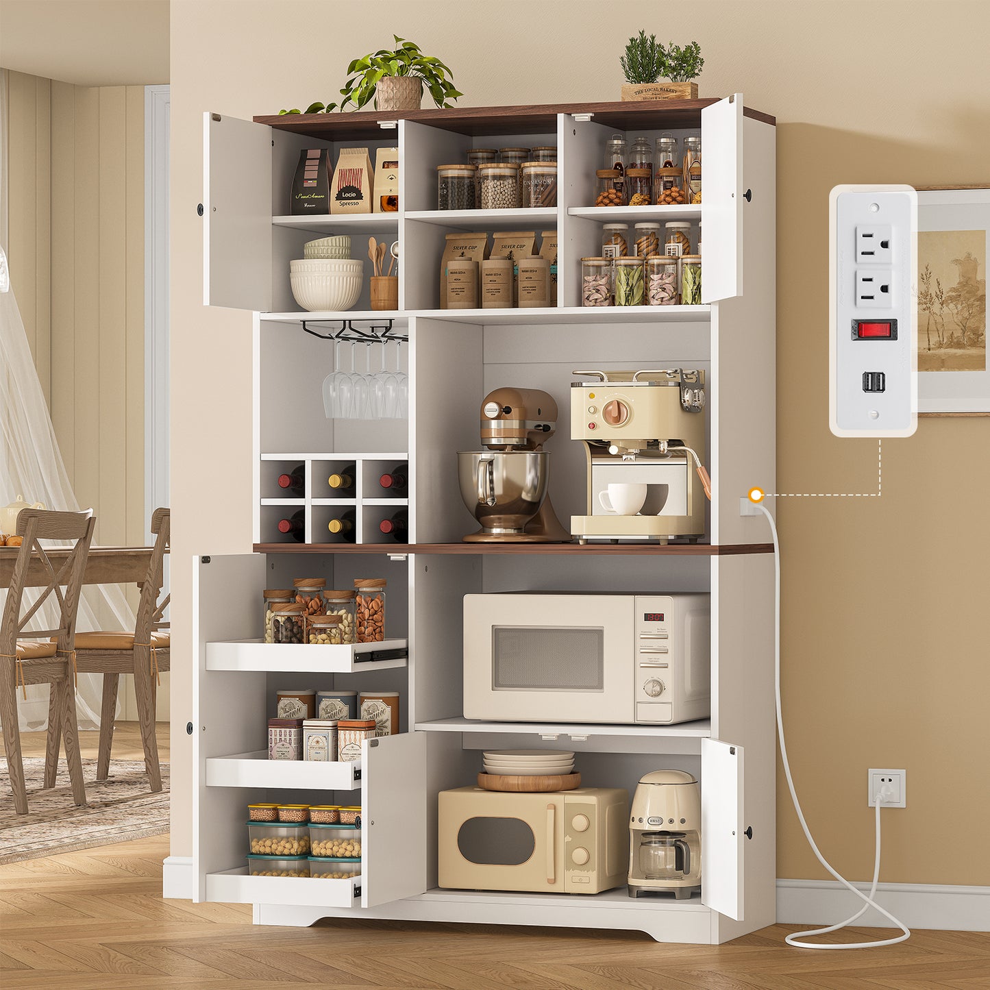 Hasuit | 71.3 Inch Pantry Cabinet with Charging Station Tall Farmhouse Kitchen Hutch with Removable Wine Rack