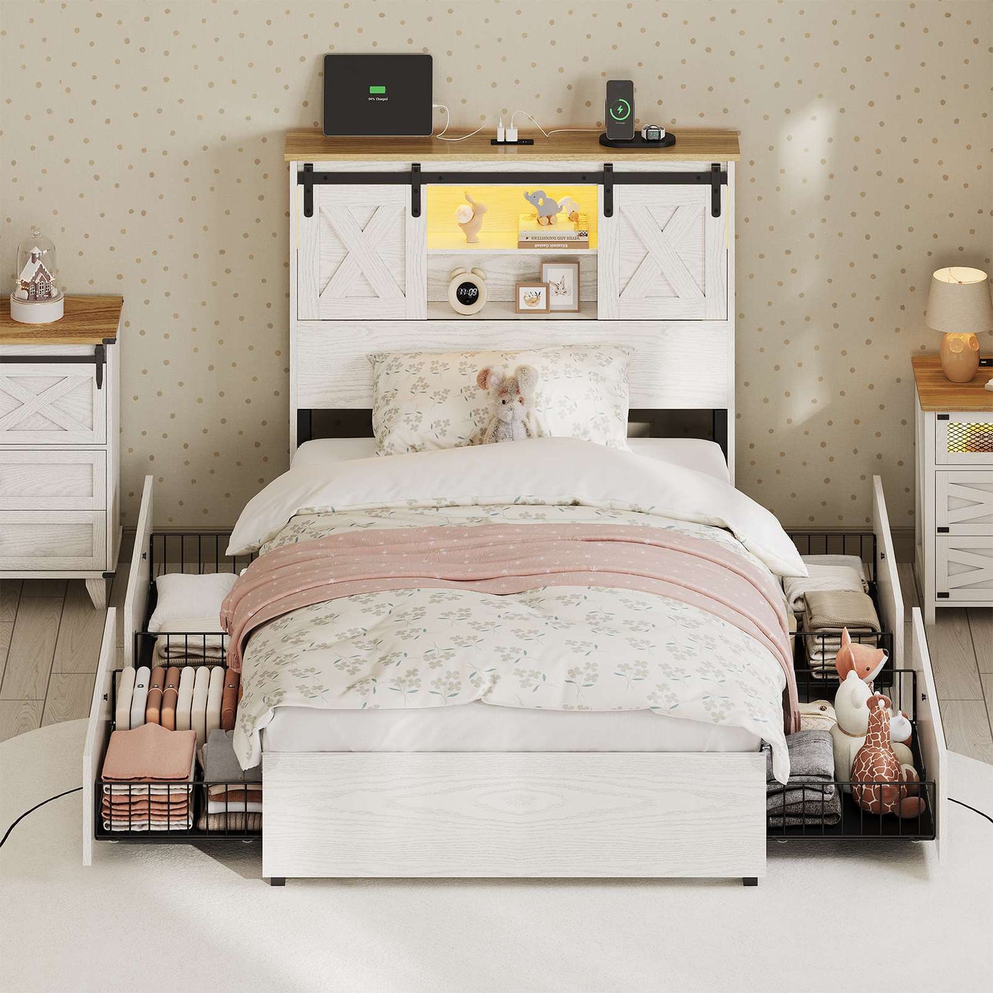 Hasuit | Farmhouse Bed Frame with 4 Storage Drawers Wooden Platform Rustic Beds with Charging Station and LED Lights White