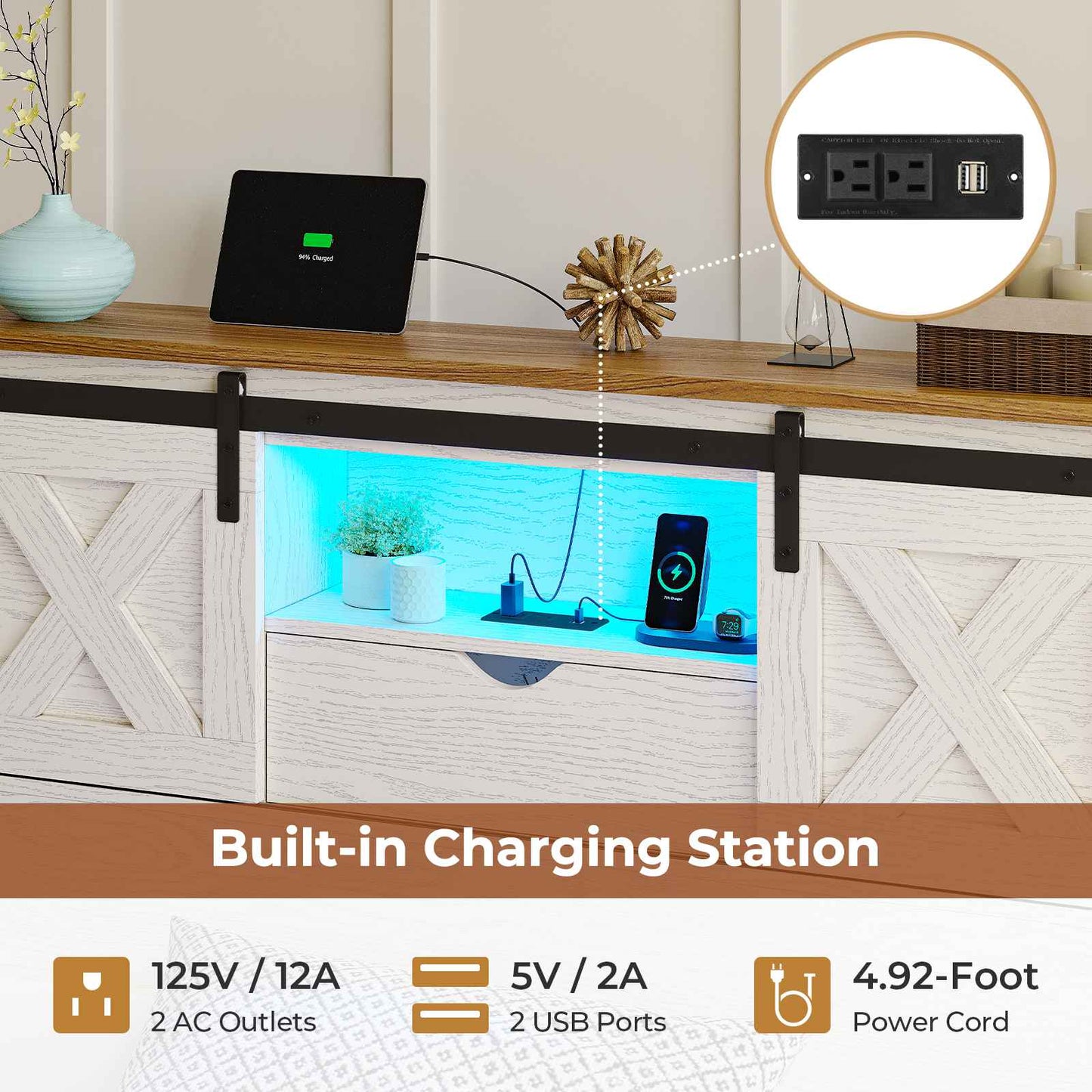 Hasuit | Farmhouse Bed Frame with 2 Storage Drawers Rustic Wooden Platform Twin XL Bed with LED Lights and Charging Station White