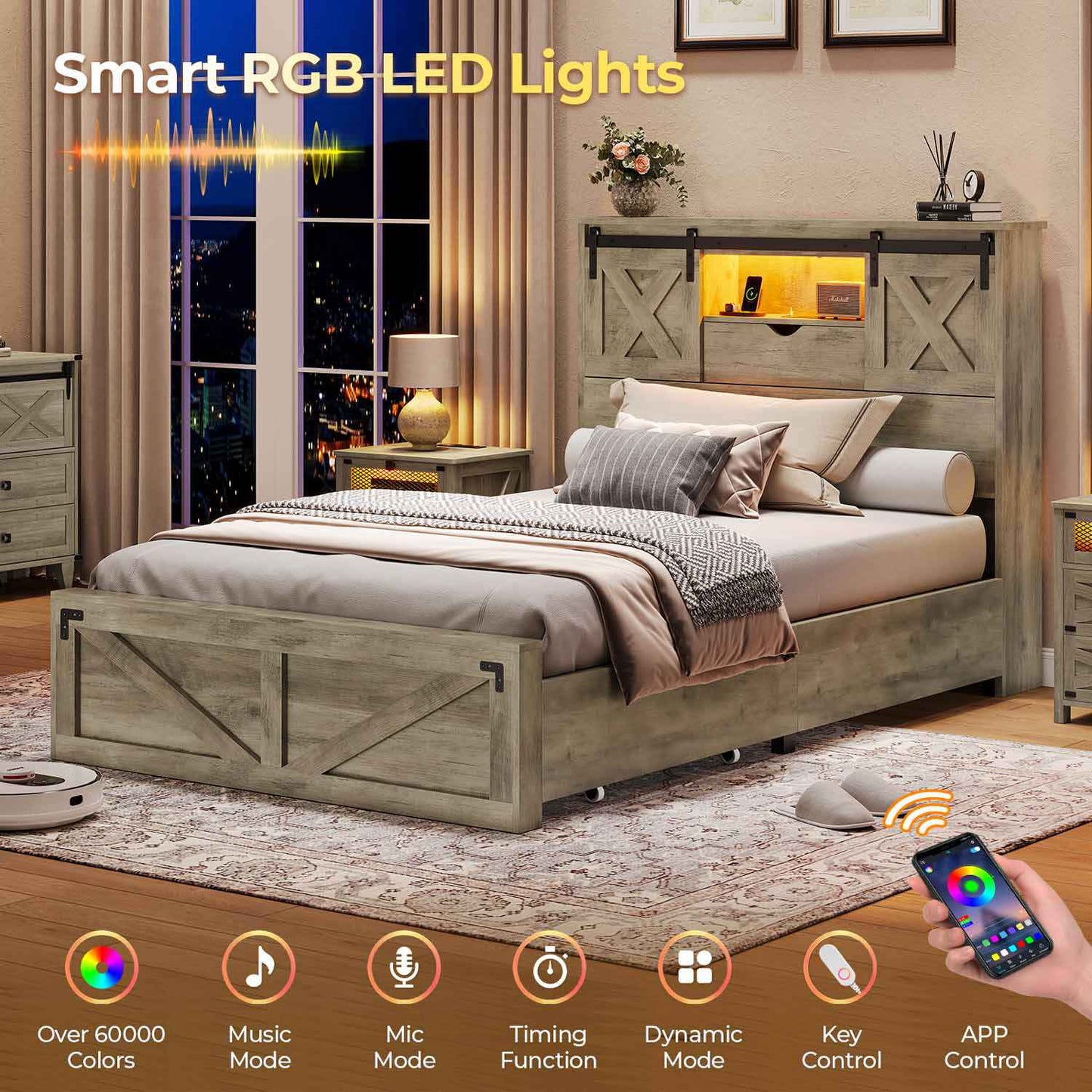 Hasuit | Farmhouse Bed Frame with 2 Storage Drawers Rustic Wooden Platform Twin Bed with LED Lights and Charging Station Rustic Oak