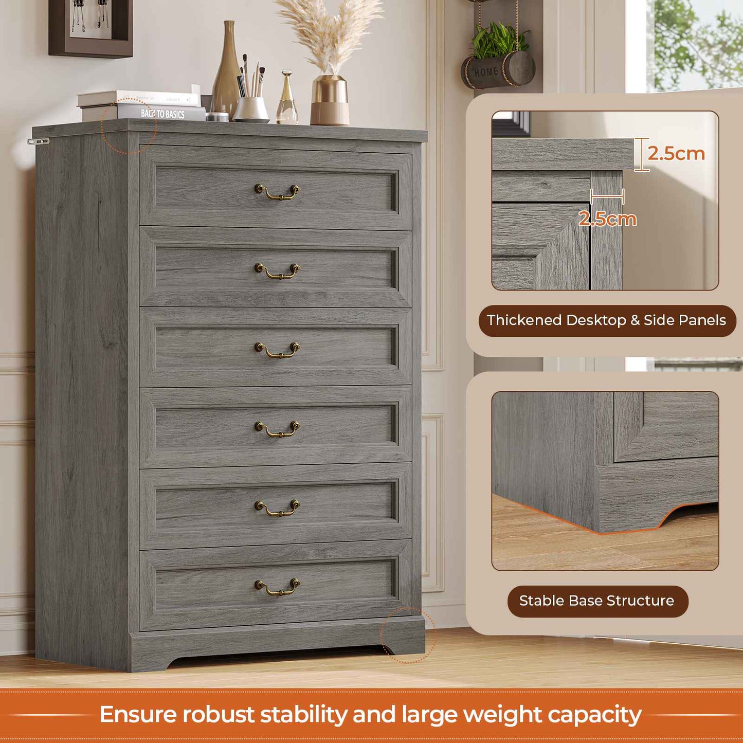 Hasuit | 51.3 Inch Farmhouse 6 Drawers Dresser Tall Wood Dressers Rustic Storage Cabinet Organizer Grey Dresser for Bedroom Hallway