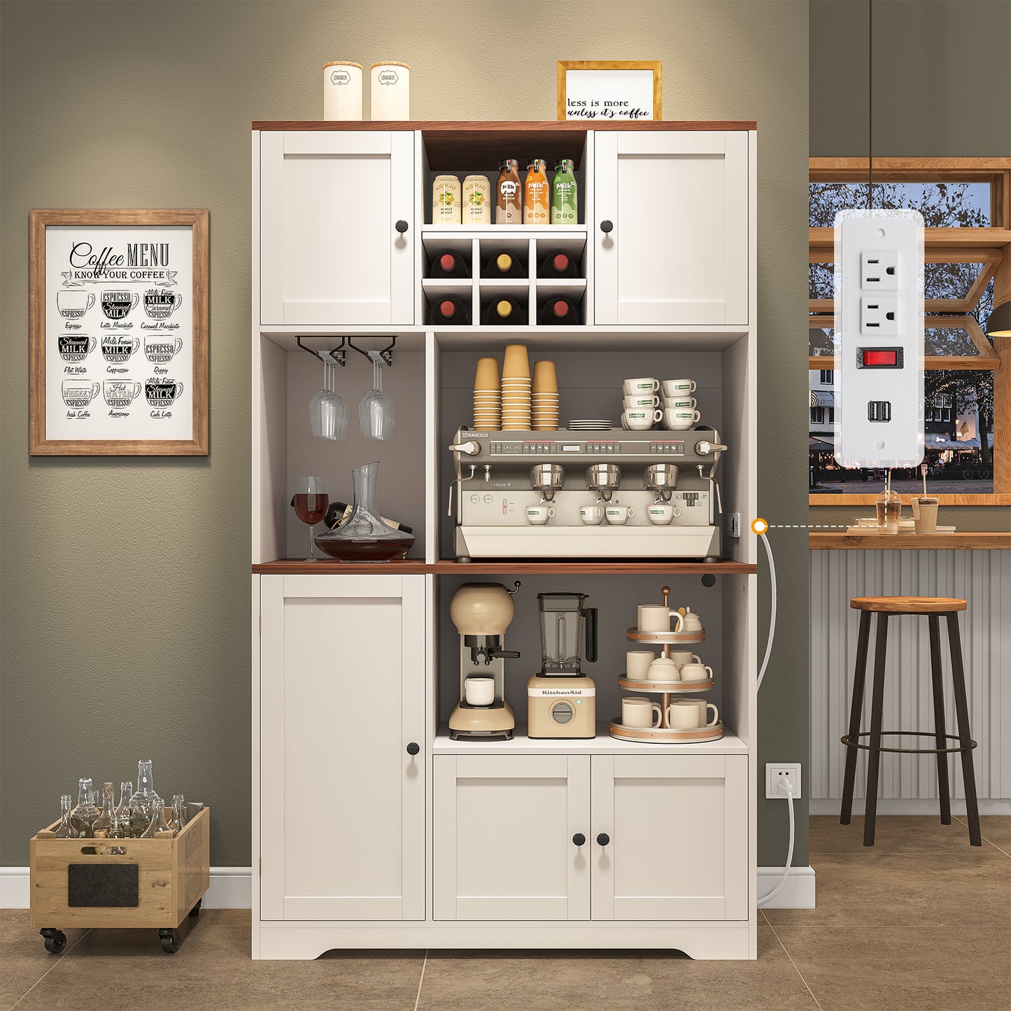 Hasuit | 71.3 Inch Pantry Cabinet with Charging Station Tall Farmhouse Kitchen Hutch with Removable Wine Rack