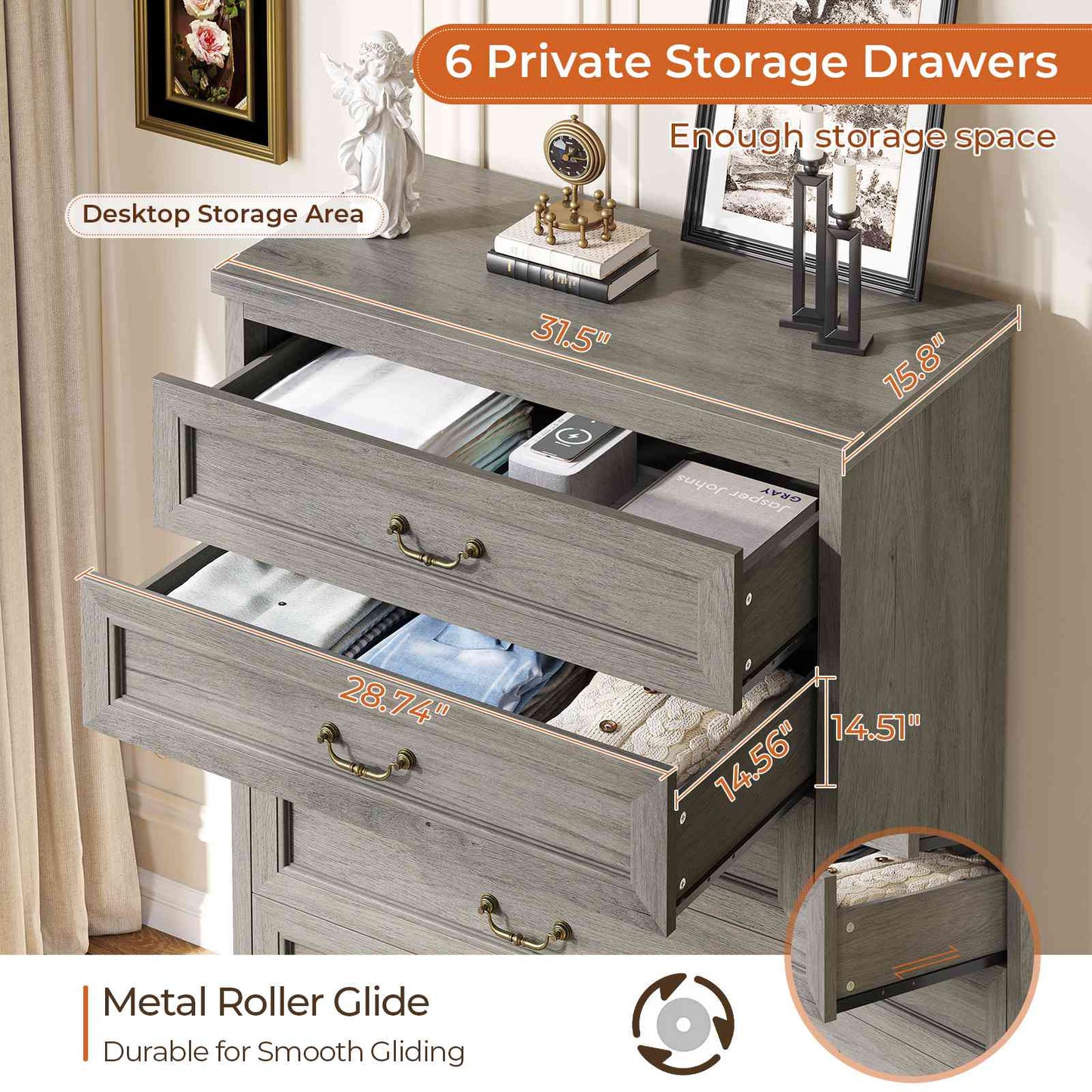 Hasuit | 51.3 Inch Farmhouse 6 Drawers Dresser Tall Wood Dressers Rustic Storage Cabinet Organizer Grey Dresser for Bedroom Hallway